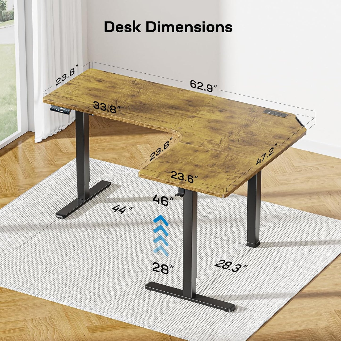 CHITOOMA 63″ Dual Motor L-Shaped Standing Desk, Built-in Power Outlets, Electric Height Adjustable, Large Power Strip Holder, Sit Stand Up Desk with 3 Preset Heights, Vintage Brown