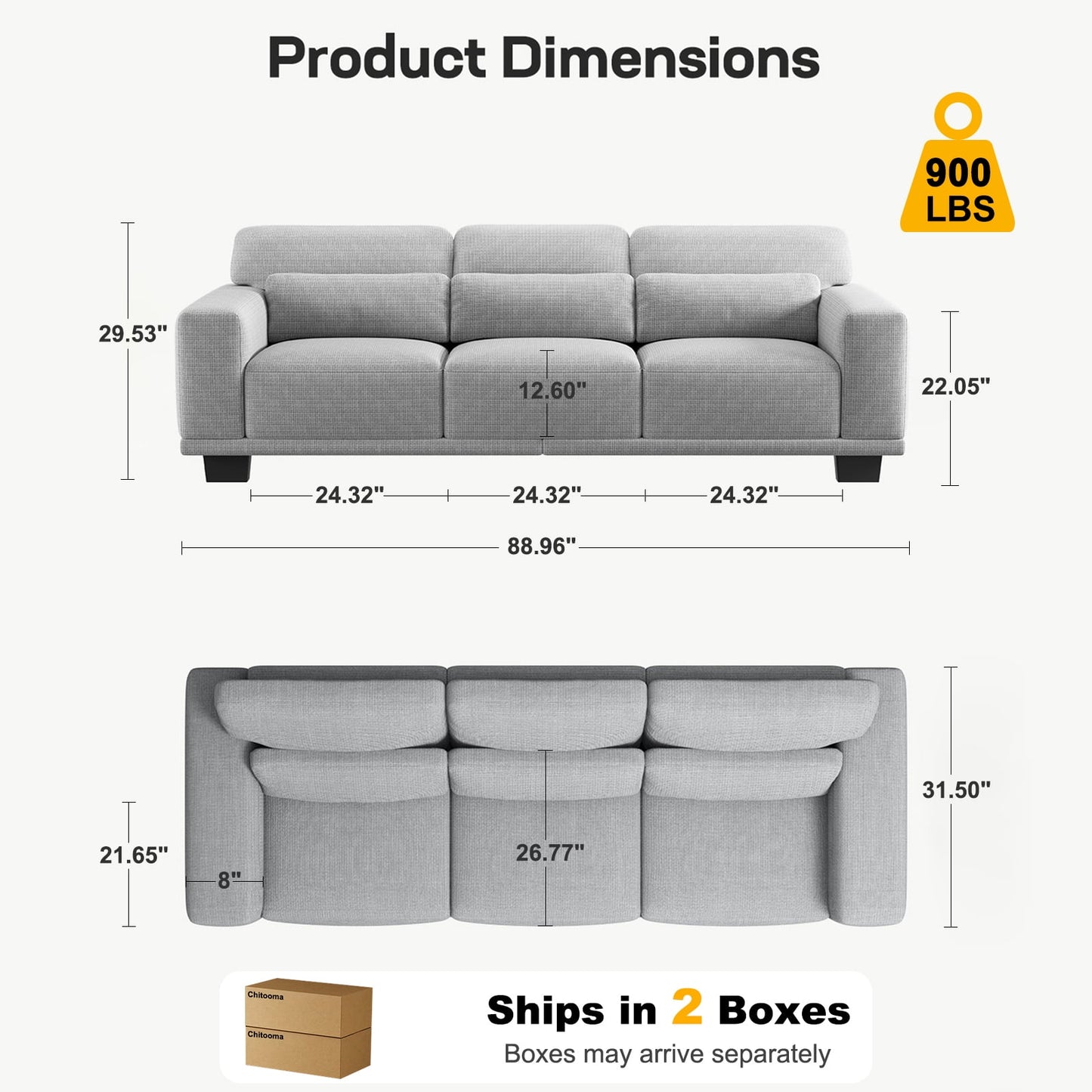 CHITOOMA 89" 3-Seater Sofa for Living Room, Deep Seat Modern Couch with 3 Pillows, Linen Fabric, Removable Covers, Wide Armrests & Steel Frame, Gray