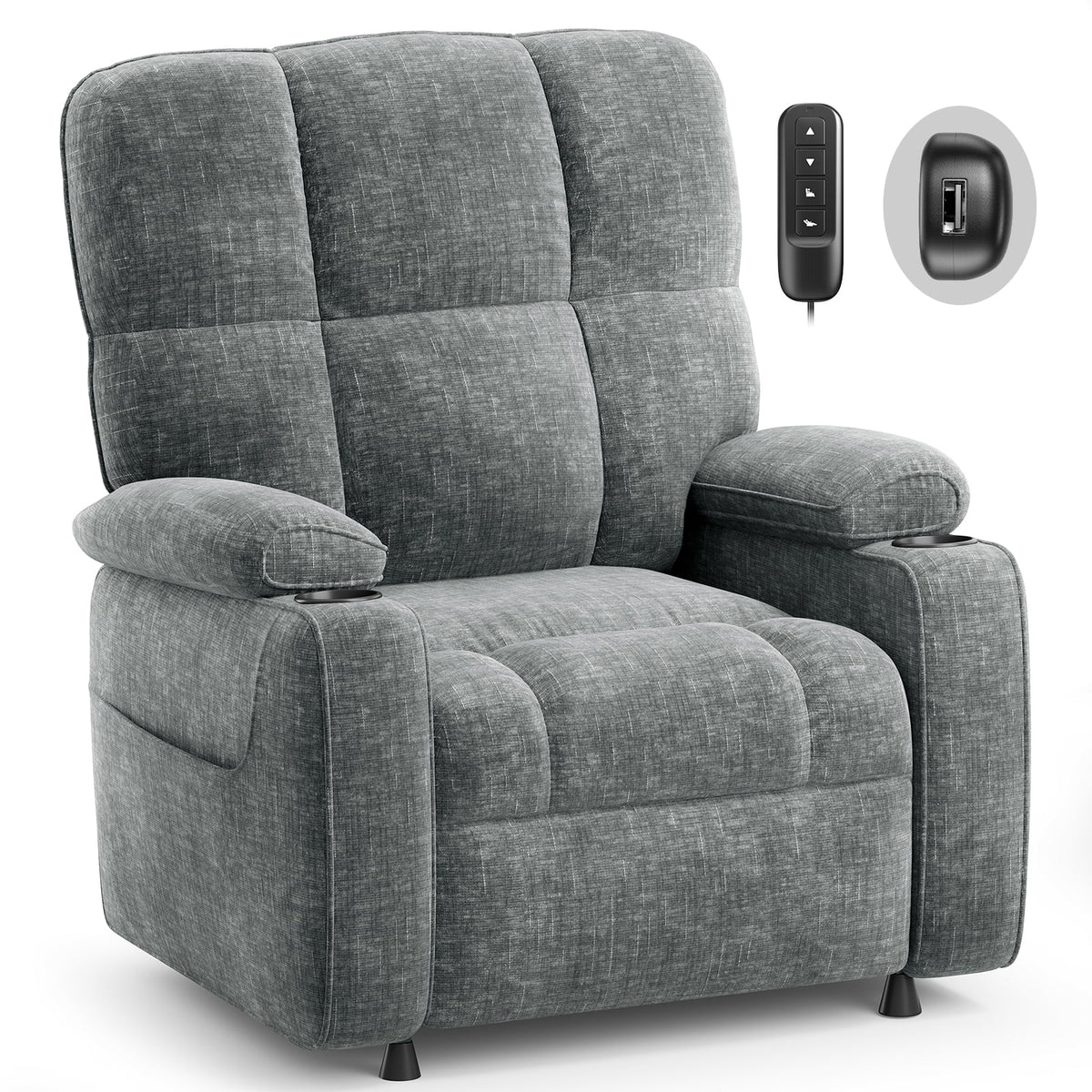 CHITOOMA Power Recliner Chair for Adults, Zero Gravity Electric Reclining Sofa with USB Port, Cup Holder & Side Pockets, Chenille Fabric, Light Gray