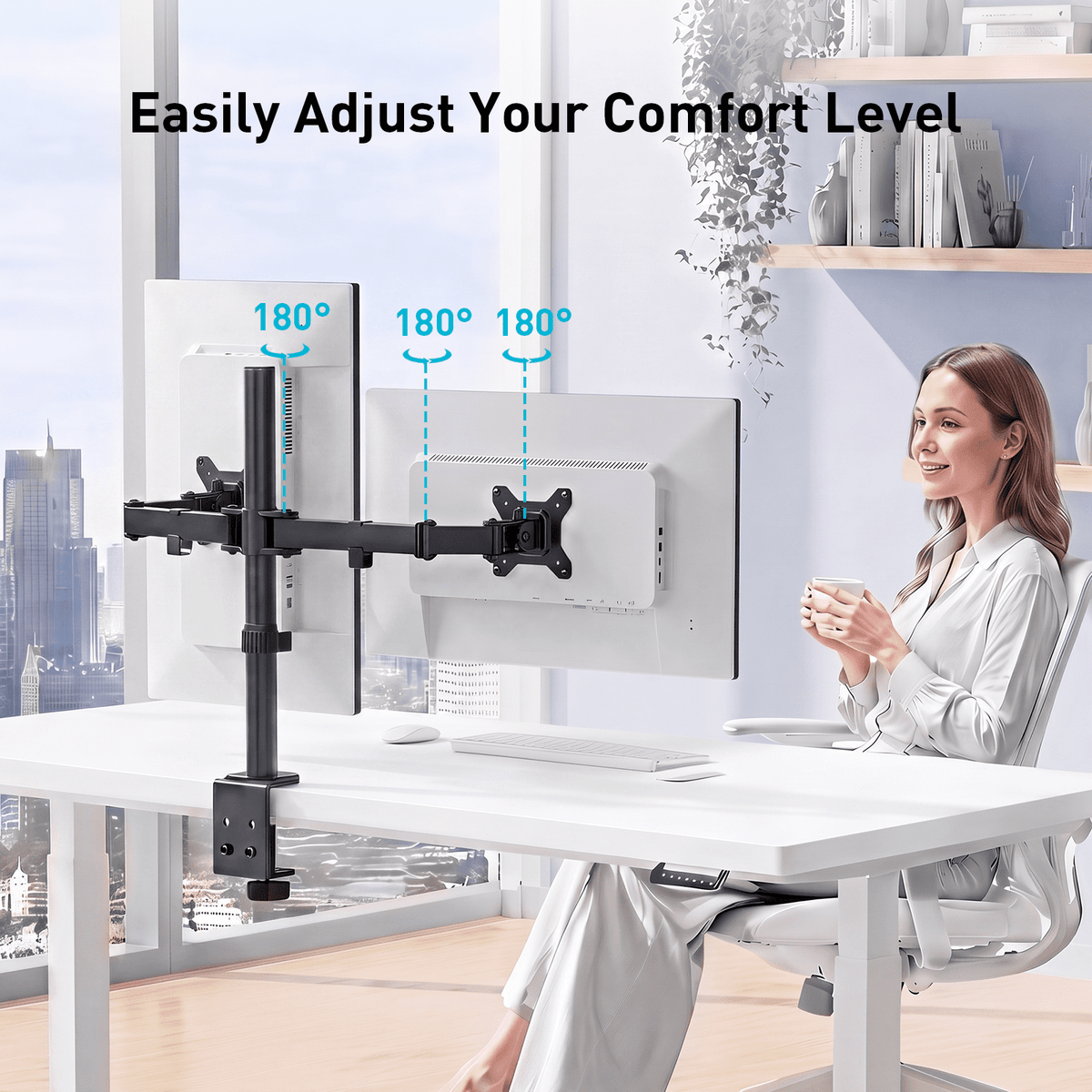 Dual Monitor Stand for 13 to 32 Inch Screens, Desk Mount with C-Clamp, Each Arm Holds 17.6 lbs, Double Monitor Mount Full Motion Adjustability for Height, Swivel, Tilt, and Rotation, Max 100x100mm