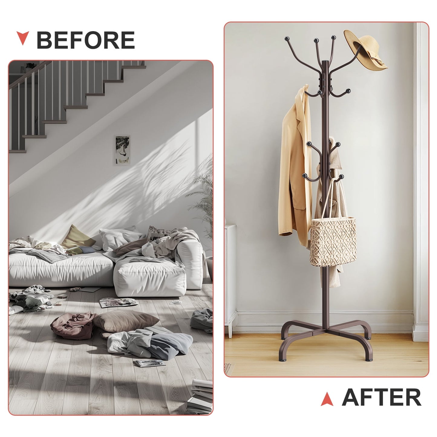 Coat Rack Stand 14 Hooks Coat Rack Stand Metal Freestanding Coat Rack Coat Tree for Home, Office, Entryway, Hallway, Bronze