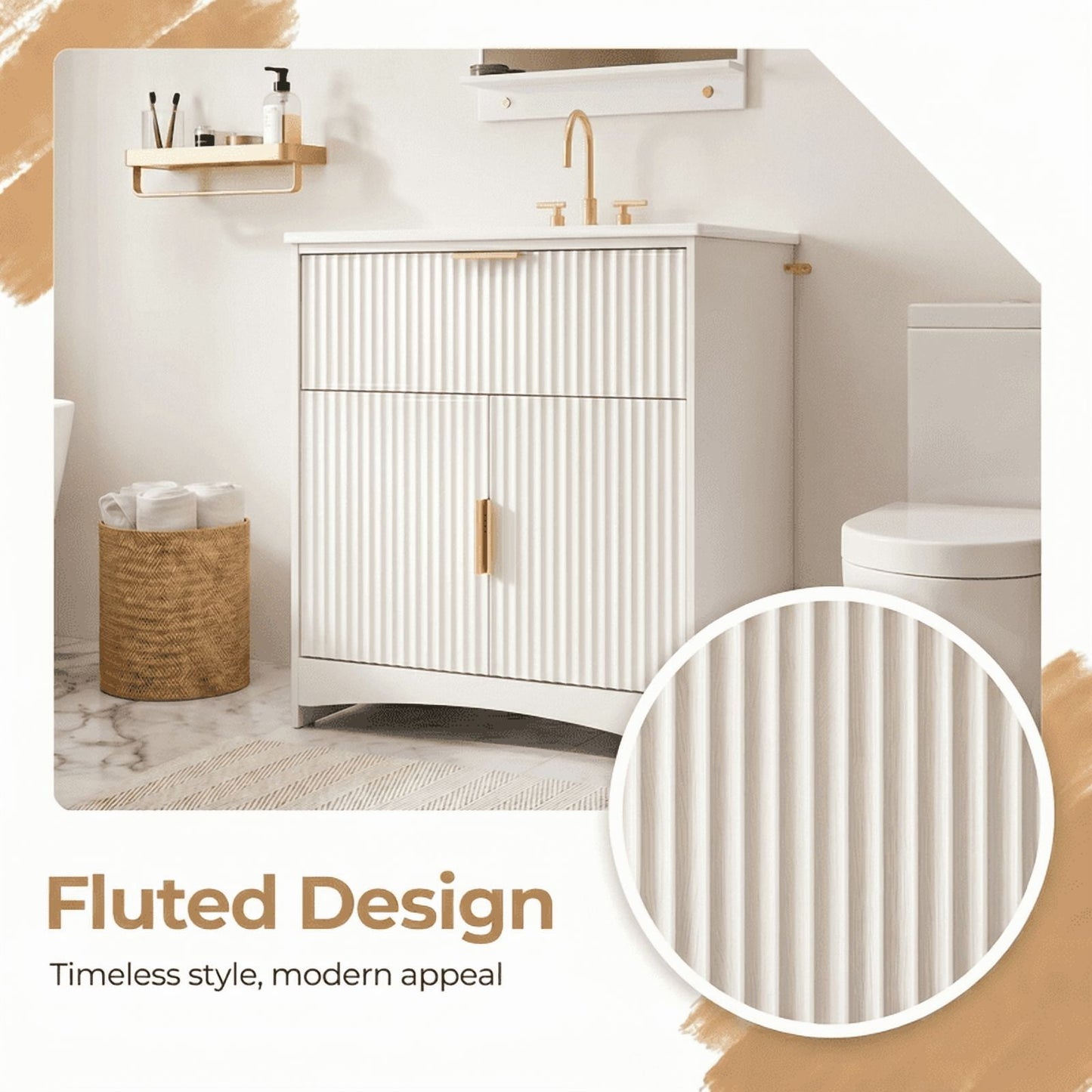 30 Inch Bathroom Vanity with Ceramic Sink, Freestanding Bathroom Sink Cabinet with Fluted Doors, 2 Doors and 1 Drawer, Adjustable Shelf, Modern Bathroom Storage Combo, White