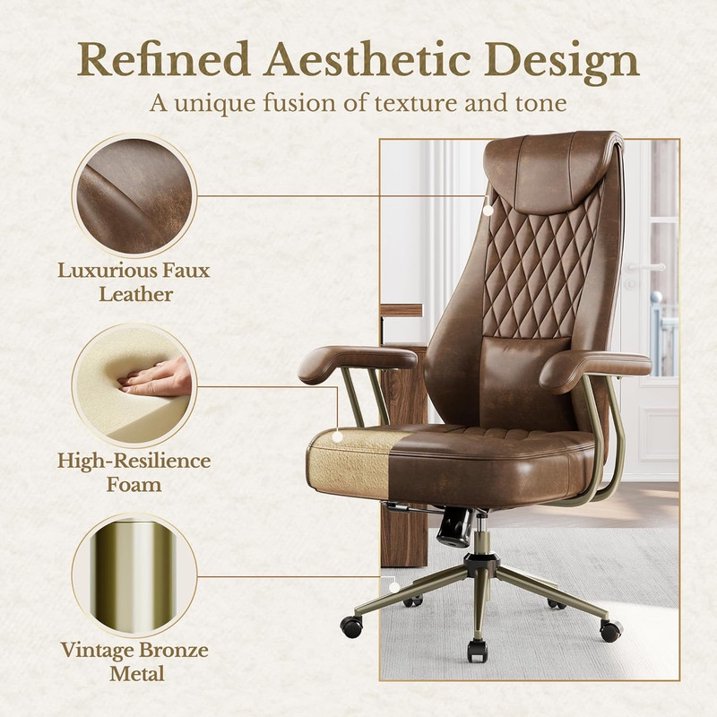 BESTERGO High Back Executive Office Chair with Integrated Headrest & Lumbar Support, Ergonomic PU Leather Desk Chair, Adjustable Swivel & Recline for Home Office, Brown, 300 lbs Capacity
