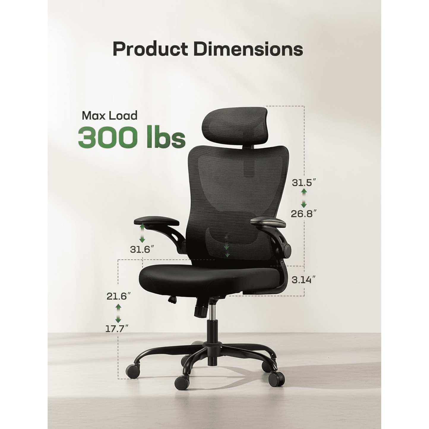BESTERGO High Back Ergonomic Office Chair with Headrest and Adjustable Lumbar Support, Mesh Desk Chair with 3D Armrests, Reclining Computer Chair for Home Office, 300 lbs Capacity