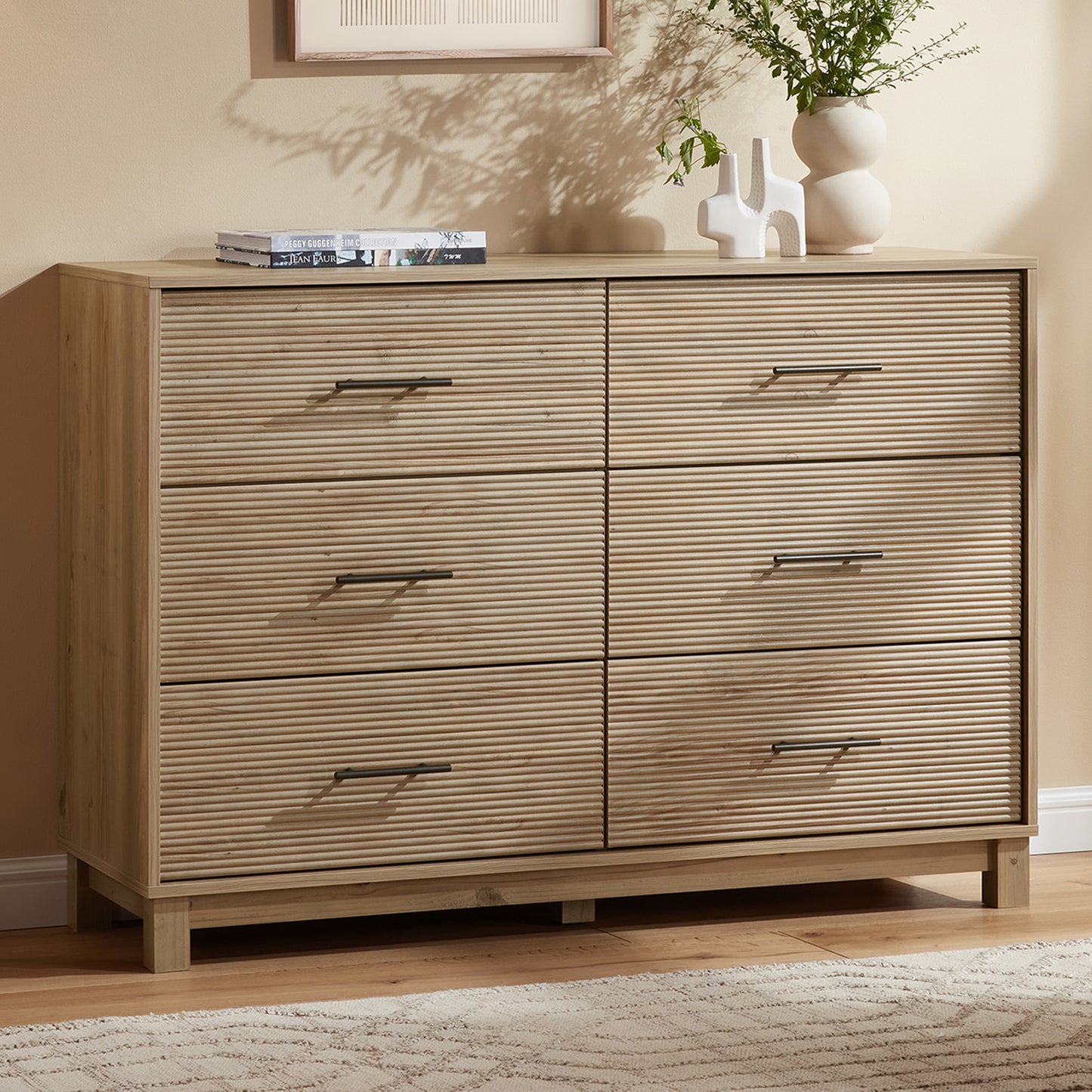 CHITOOMA 6 Drawer Fluted Dresser for Bedroom, Modern Wooden Long Dresser, Storage Cabine Chest of Drawers for Living Room Hallway, Natural
