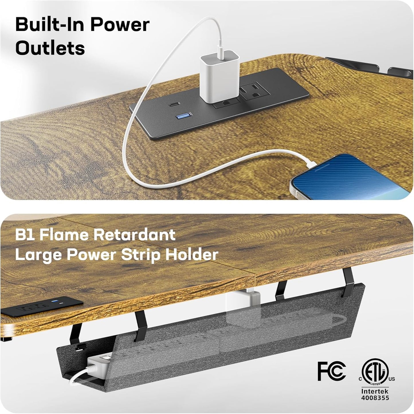 CHITOOMA 63″ Dual Motor L-Shaped Standing Desk, Built-in Power Outlets, Electric Height Adjustable, Large Power Strip Holder, Sit Stand Up Desk with 3 Preset Heights, Vintage Brown