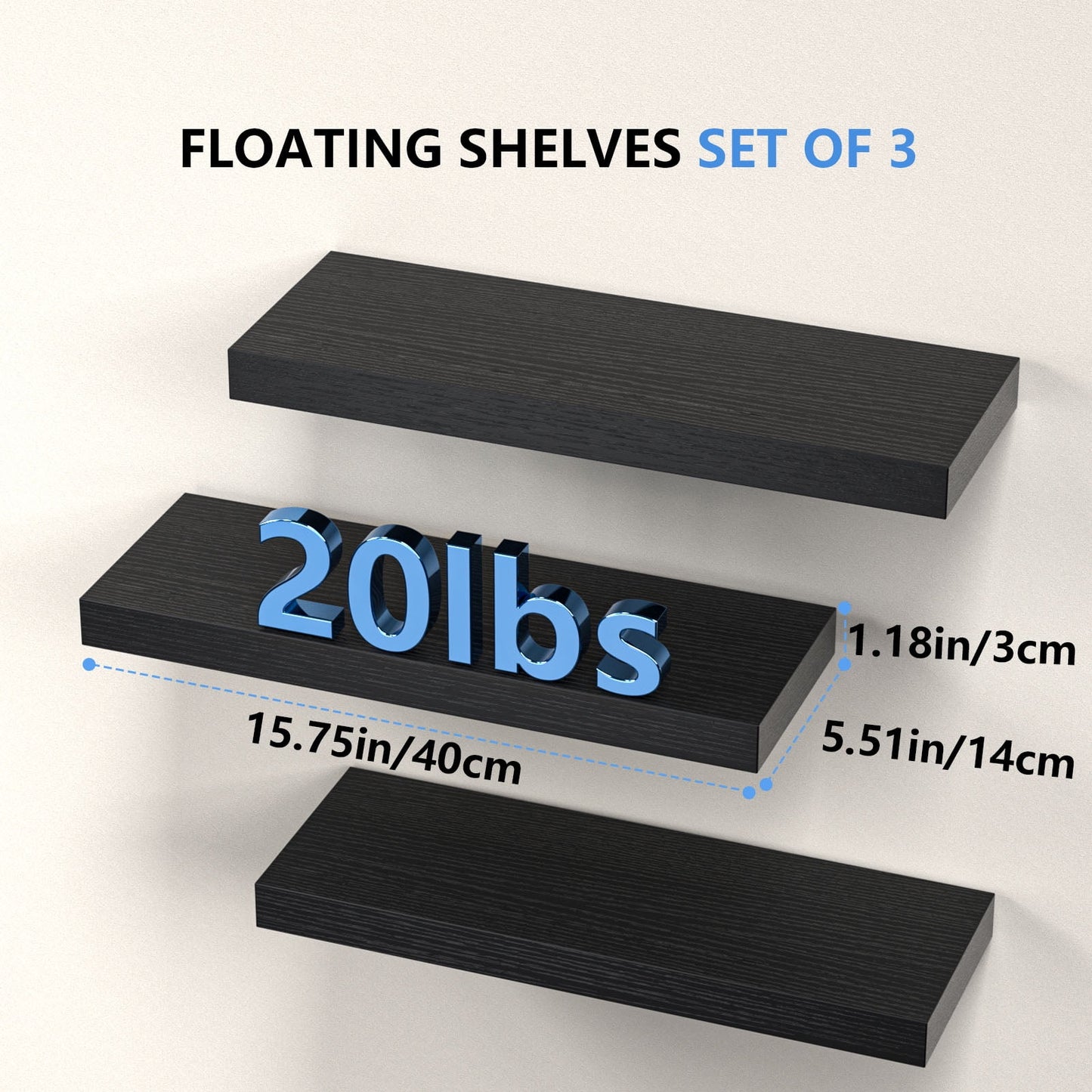 3 Sets 15 x 7" Wall Mounted Floating Shelves, Storage Shelves Perfect for Bedroom, Bathroom, Living Room and Kitchen Storage