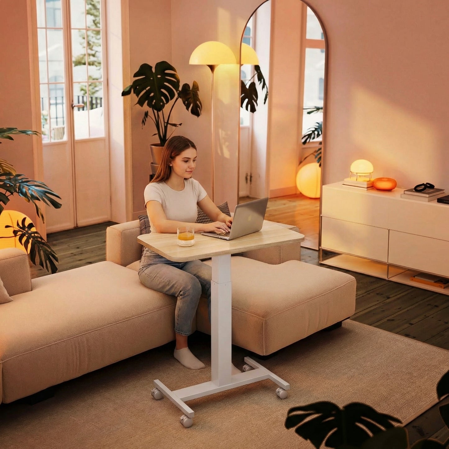 CHITOOMA Small Rolling Standing Desk, Wider Height Adjustable Mobile Desk with 4 Lockable Wheels, Portable Sit-Stand Workstation for Bedside & Sofa, Light Walunt
