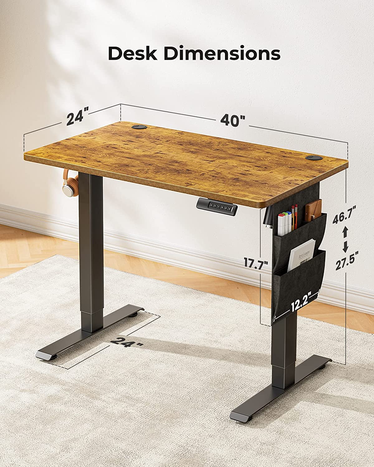 CHITOOMA Electric Standing Desk with Storage Bag, 40" x 24" Adjustable Height Sit to Stand Desk with 4 Memory Pre-Set, Headphone Hook for Home Office, Rustic Brown