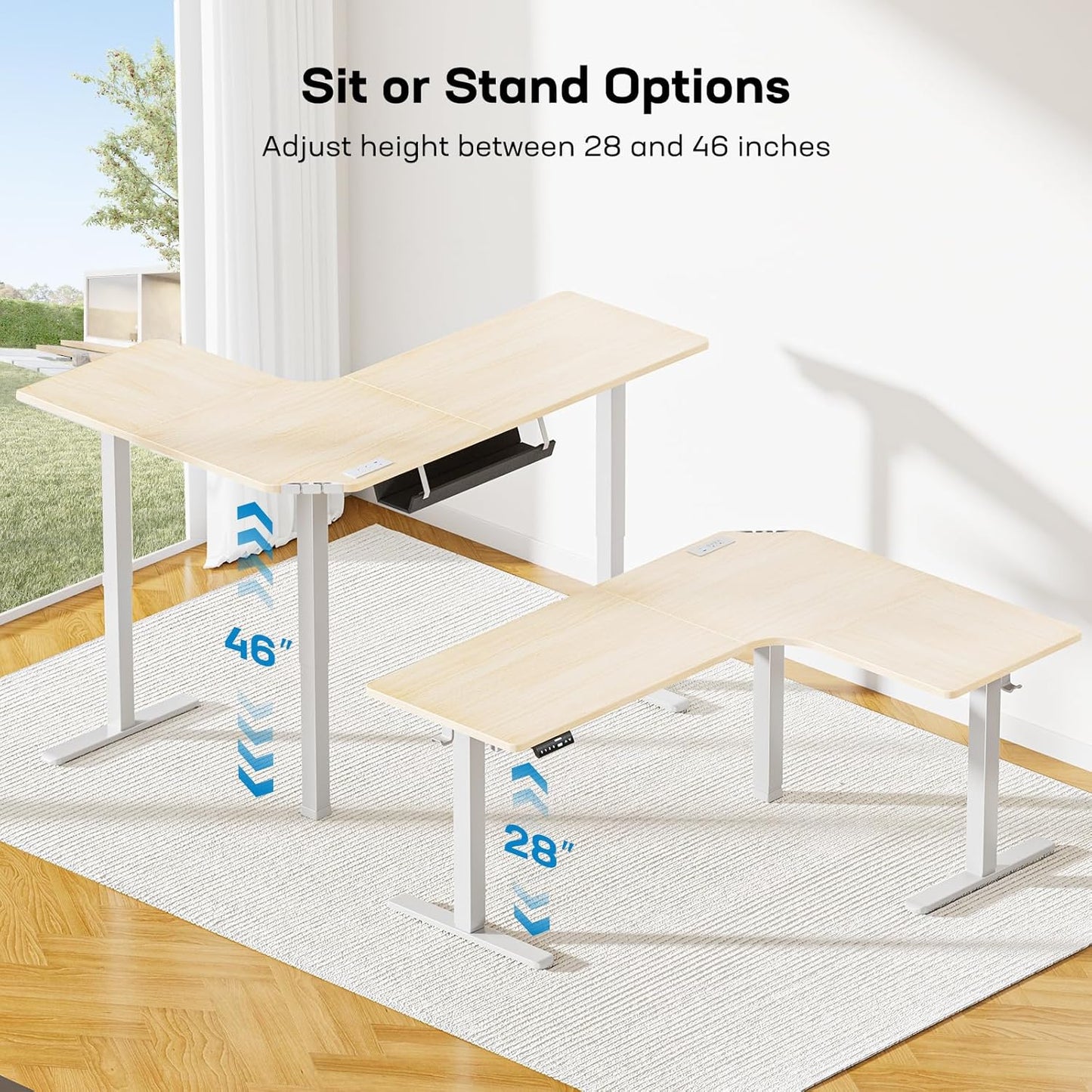 CHITOOMA 63″ Dual Motor L-Shaped Standing Desk, Built-in Power Outlets, Electric Height Adjustable , Large Power Strip Holder, Sit Stand Up Desk with 3 Preset Heights, Natural Wood