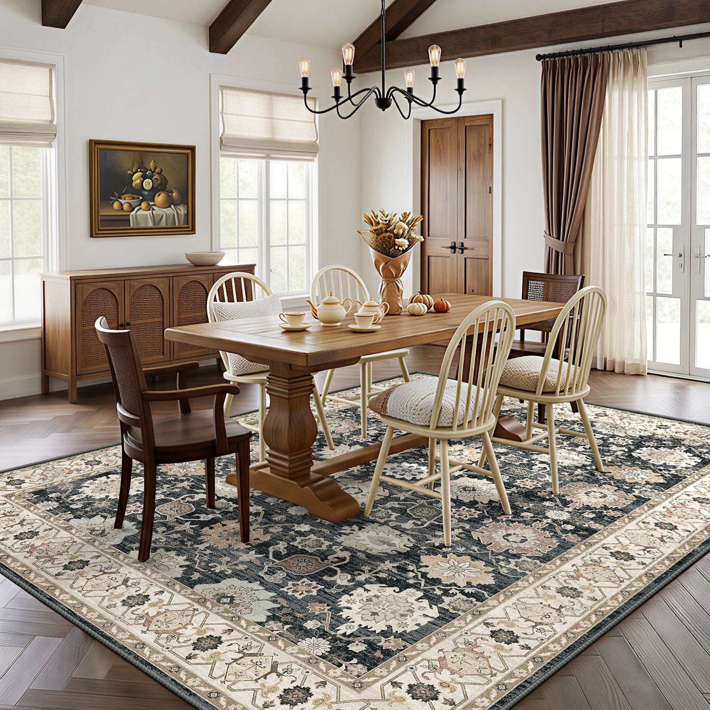 CHITOOMA 8'x10' Area Rugs for Living Room, Boho Machine Washable Floral Area Rug with Non-Slip Backing, Stain Resistant Non-Shed Carpet for Bedroom, Dining Room, Dorm, Office