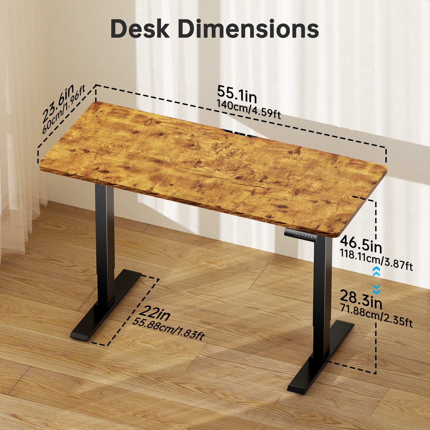 CHITOOMA 55" x 24" Electric Standing Desk, Adjustable Height Table with 4 Memory Pre-Set, Home Office Gaming Desk with Headphone Hook, Brown