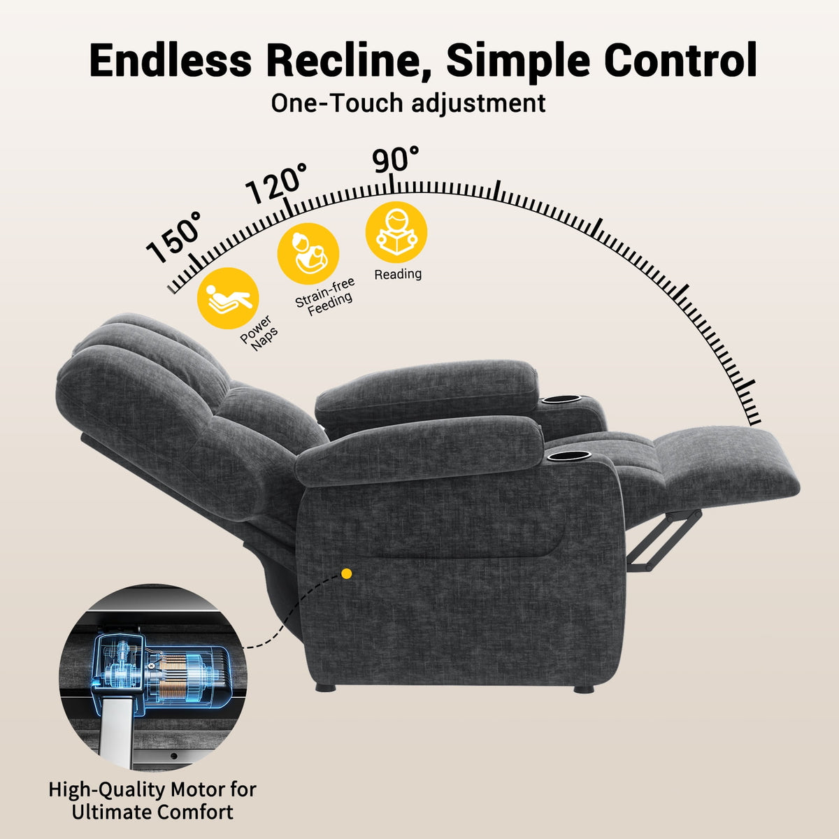 CHITOOMA Power Recliner Chair for Adults, Zero Gravity Electric Reclining Sofa with USB Port, Cup Holder & Side Pockets, Chenille Fabric, Dark Gray