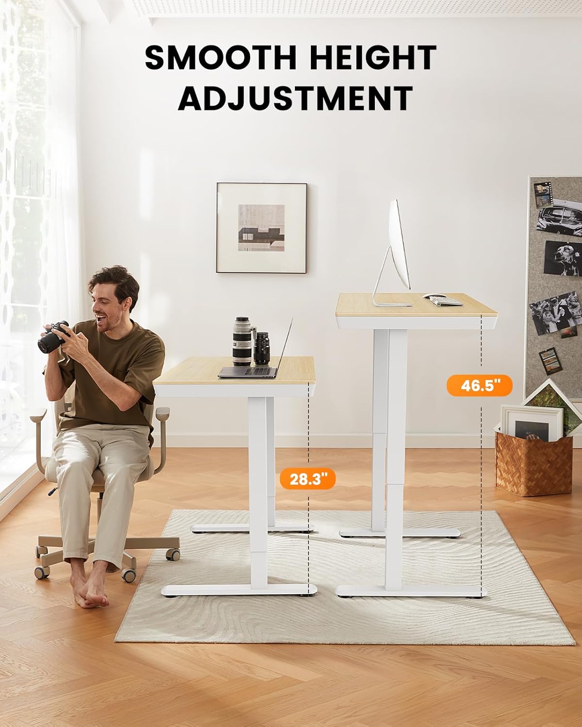 CHITOOMA One Piece Electric Standing Desk with Drawer, 48" x 24" Maple Wood-top Height Adjustable Office Desk with USB Charging Ports, Sit to Stand Desk for Home