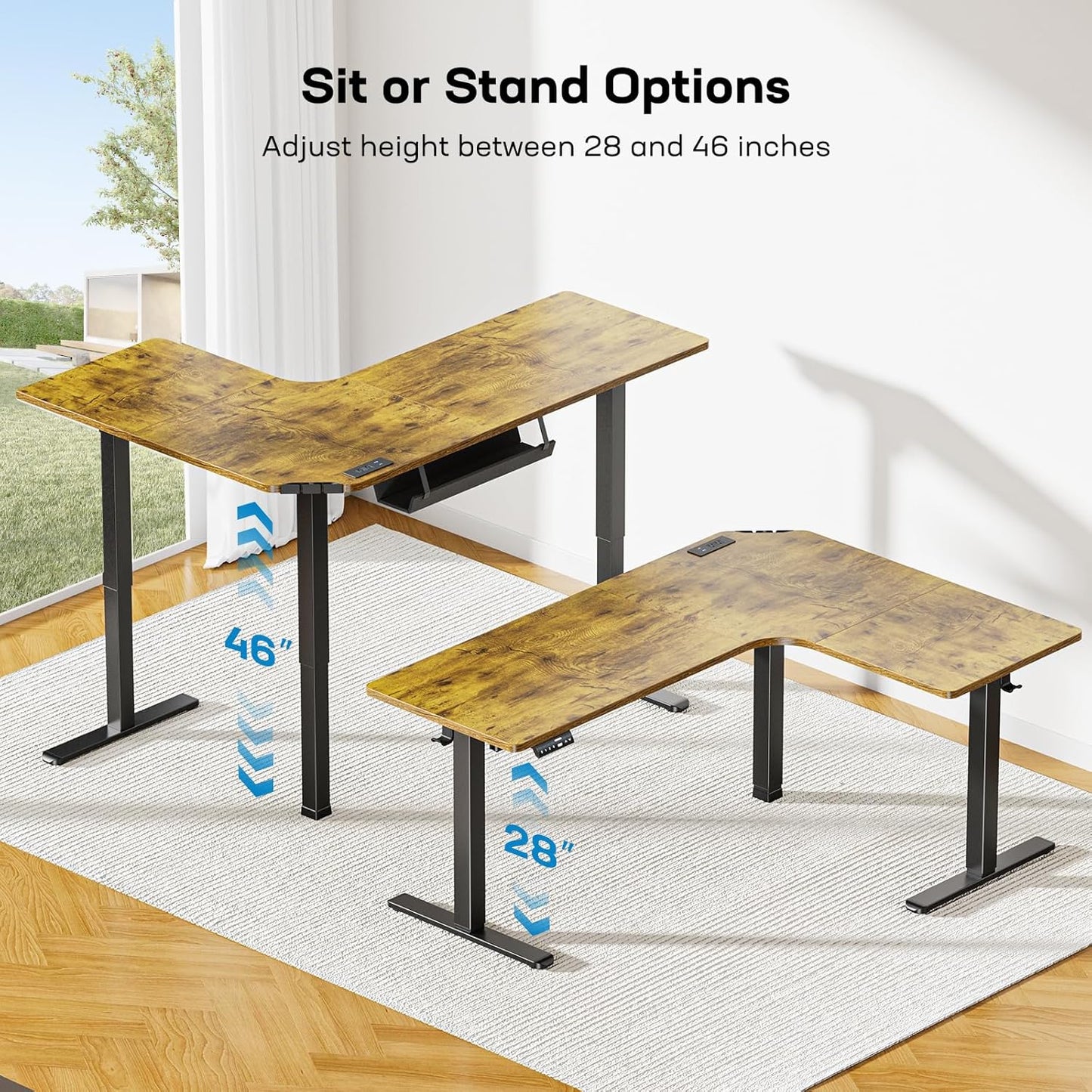 CHITOOMA 63″ Dual Motor L-Shaped Standing Desk, Built-in Power Outlets, Electric Height Adjustable, Large Power Strip Holder, Sit Stand Up Desk with 3 Preset Heights, Vintage Brown