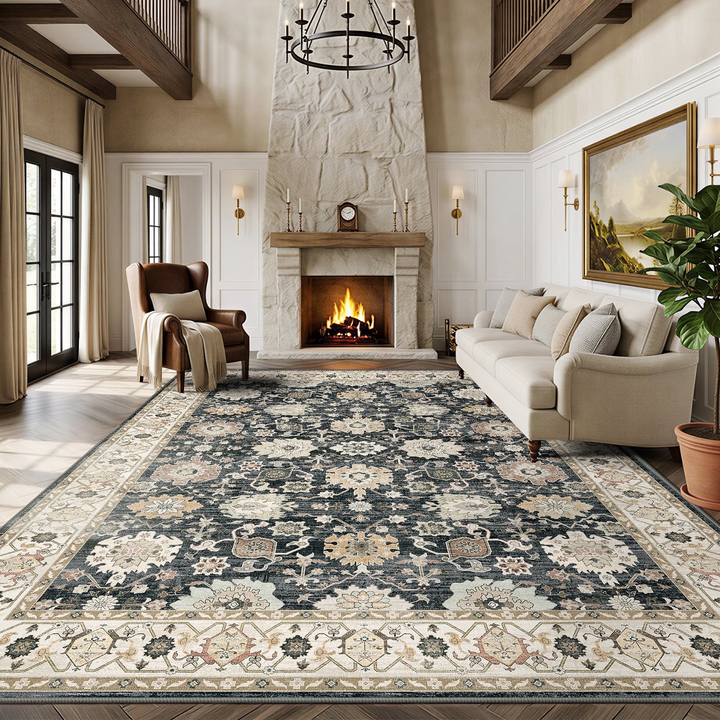 CHITOOMA 8'x10' Area Rugs for Living Room, Boho Machine Washable Floral Area Rug with Non-Slip Backing, Stain Resistant Non-Shed Carpet for Bedroom, Dining Room, Dorm, Office