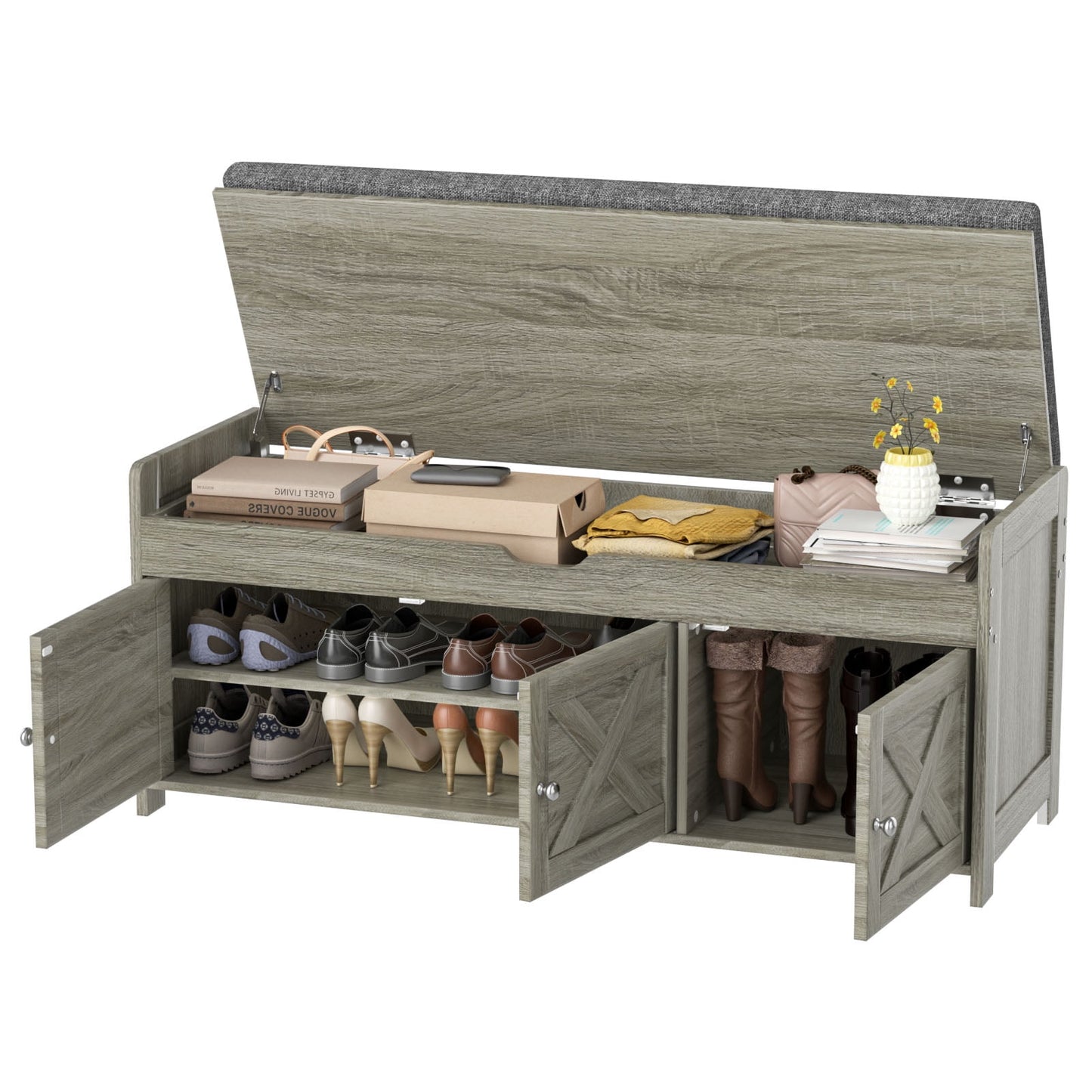 CHITOOMA 43.4" Shoe Storage Bench with Cushion and Barn Doors for Entryway, Bedroom, Shoe Rack Bench Adjustable Shelf with Lift Top Storage, 440 lbs, Grey