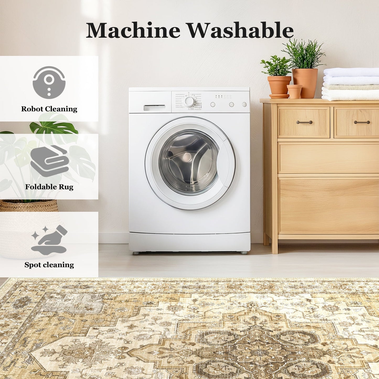 CHITOOMA 8'x10' Boho Area Rugs for Living Room, Machine Washable Stain Resistant Non-Shed Carpet, Area Rug with Non-Slip Backing for Bedroom, Dining Room, Dorm, Office