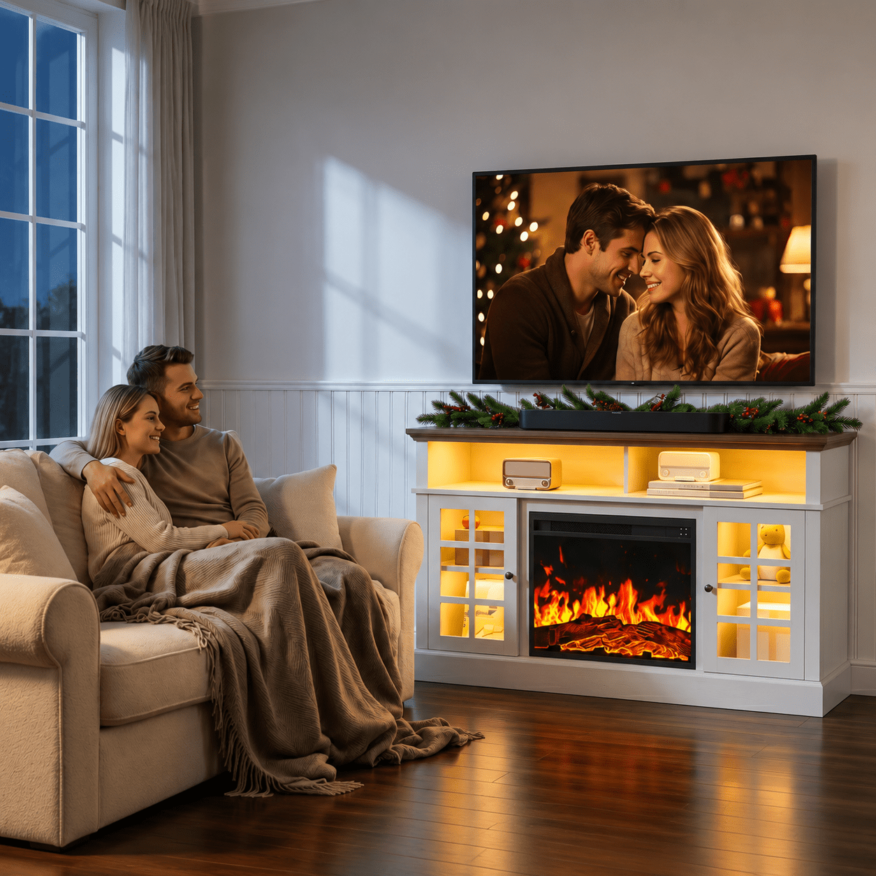 CHITOOMA Fireplace TV Stand with LED Light for up to 70 inch TV, White