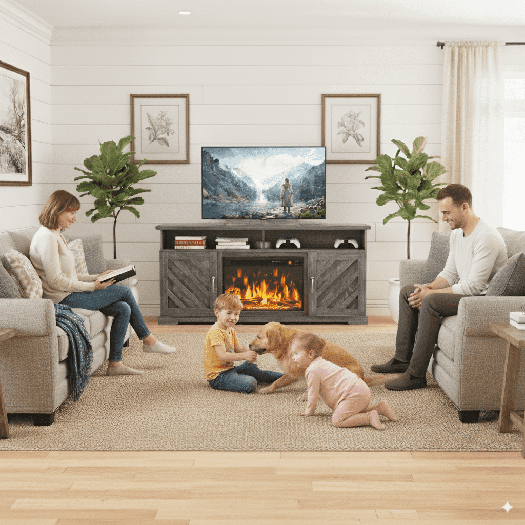 CHITOOMA Electric Fireplace TV Stand for 65 70 75 inch TV with Remote Control, Farmhouse Entertainment Center with 23″ Fireplace for Living Room, Bedroom,Gray
