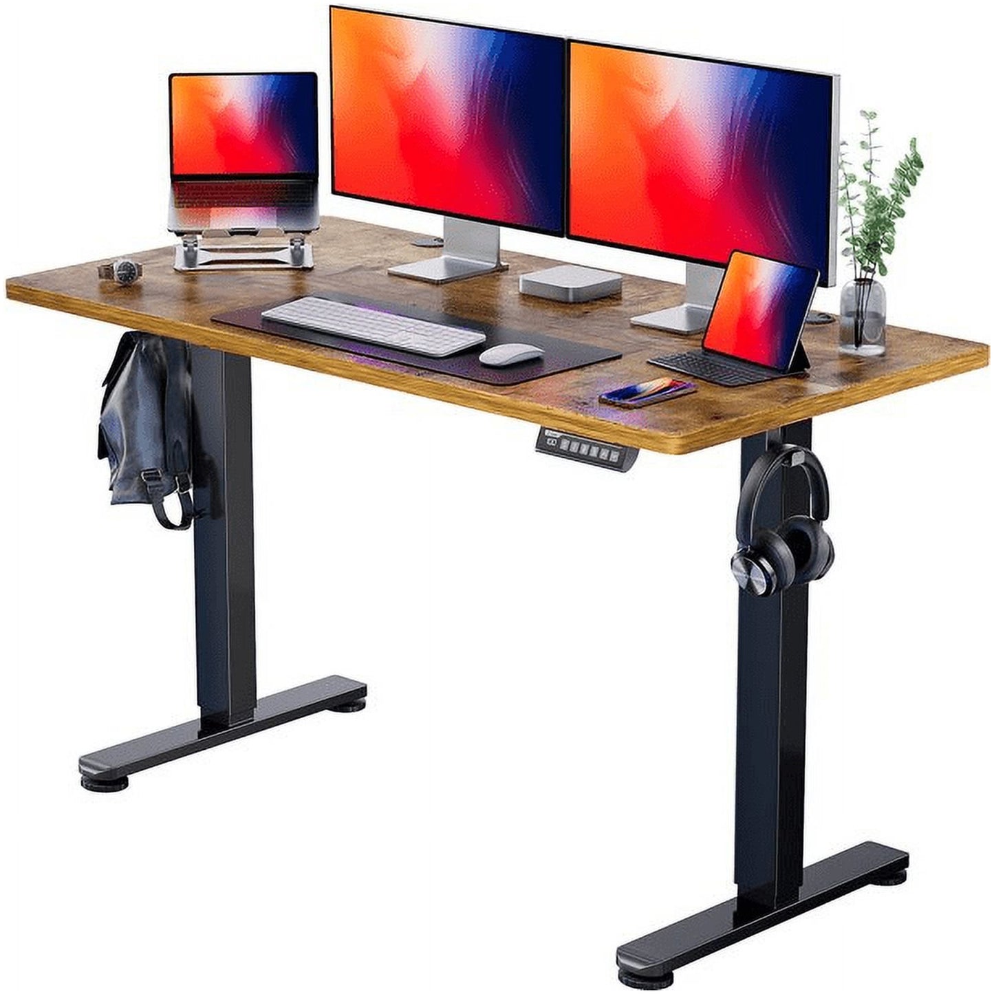 CHITOOMA 48" x 24" Electric Standing Desk with 4 Memory Preset Heights, Height Adjustable Sit Stand up Desk with Headphone Hook for Home Office, Rustic Brown