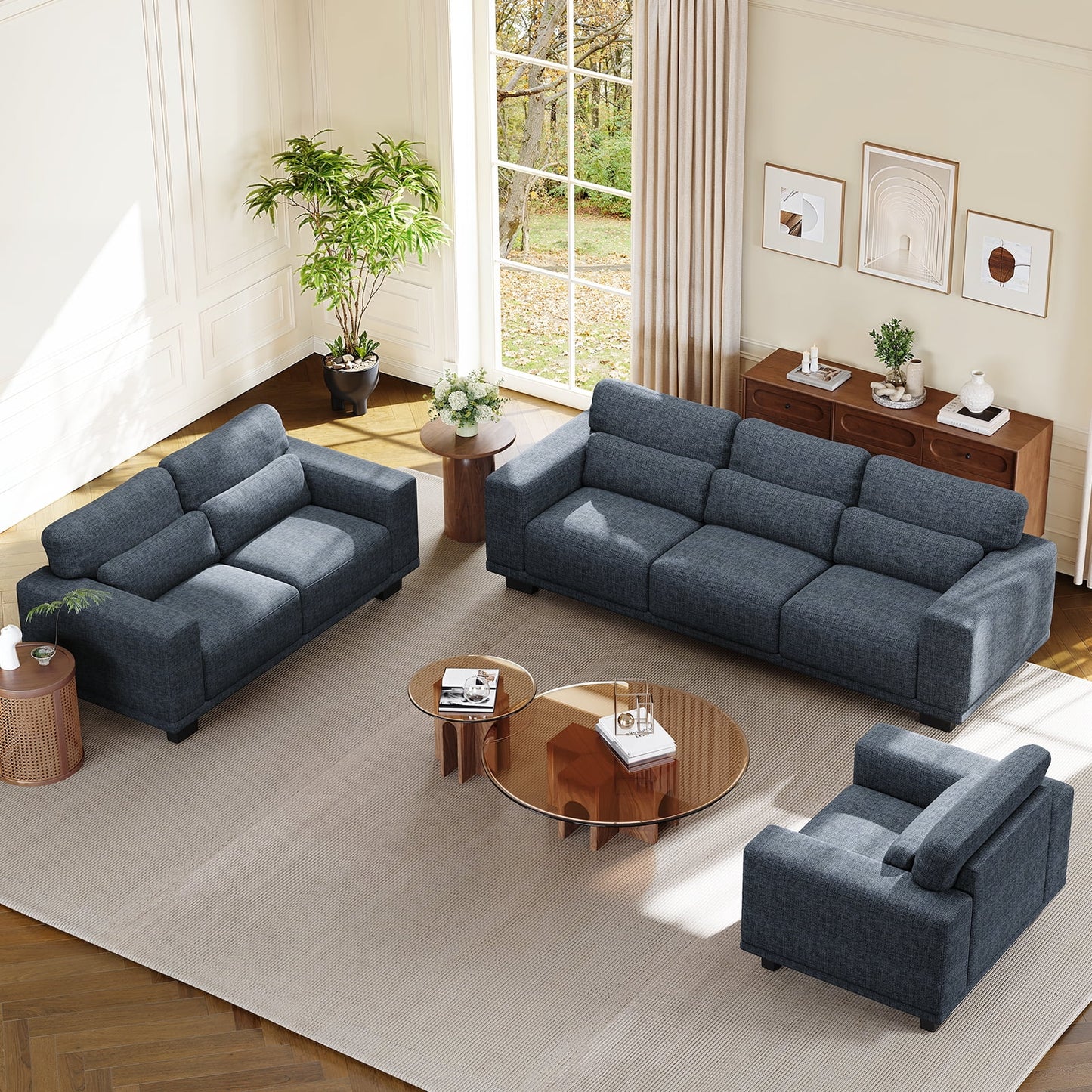CHITOOMA 89" 3-Seater Sofa for Living Room, Deep Seat Modern Couch with 3 Pillows, Linen Fabric, Removable Covers, Wide Armrests & Steel Frame, Blue