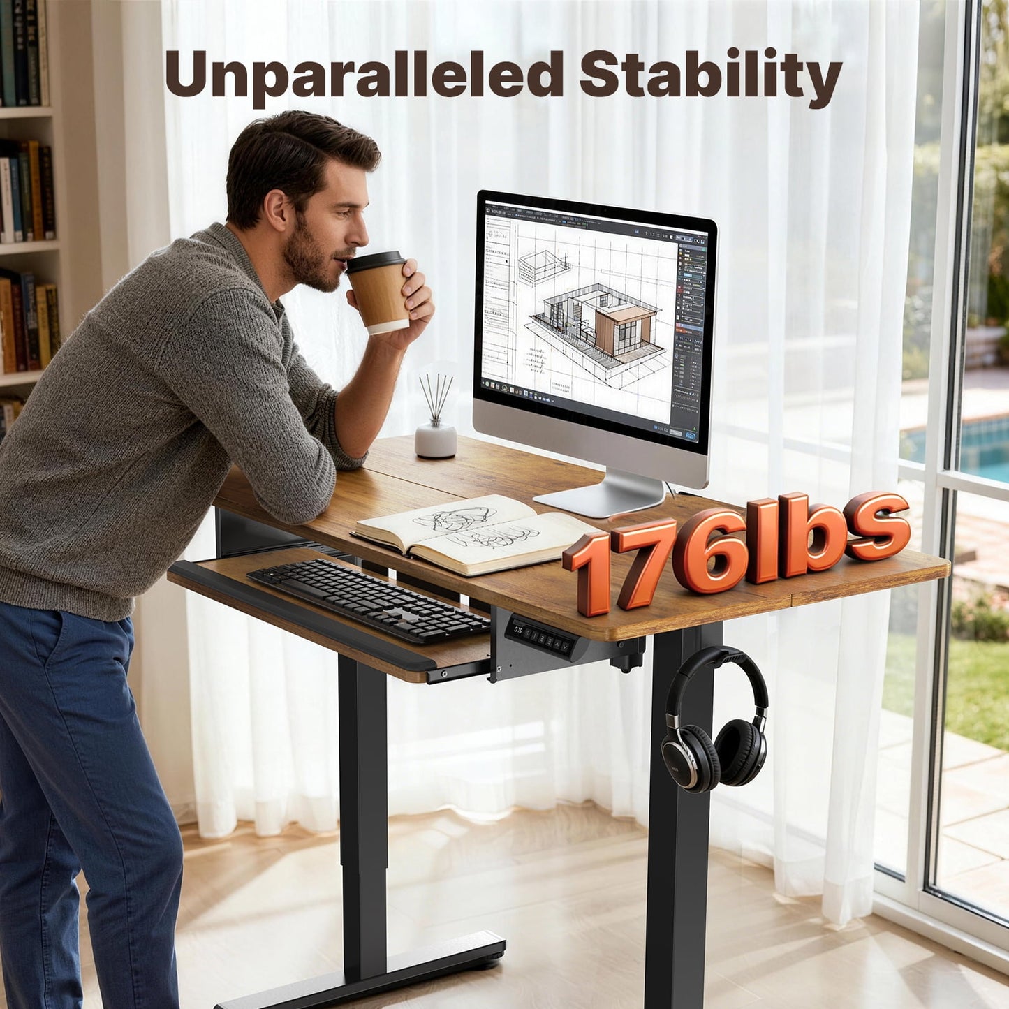 55" x 24" Electric Standing Desk with Keyboard Tray, Height Adjustable Sit Stand up Desk with Headphone Hook & 4 Height Memory Pre-Set for Home Office, Rustic Brown