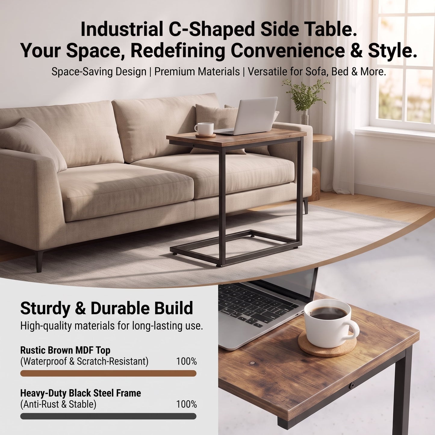 C Shaped End Sofa Table, Vintage Side Couch Table for Living Room, Bedroom, 27"(H) x 19.7"(W) x 12.6"(D), Brown