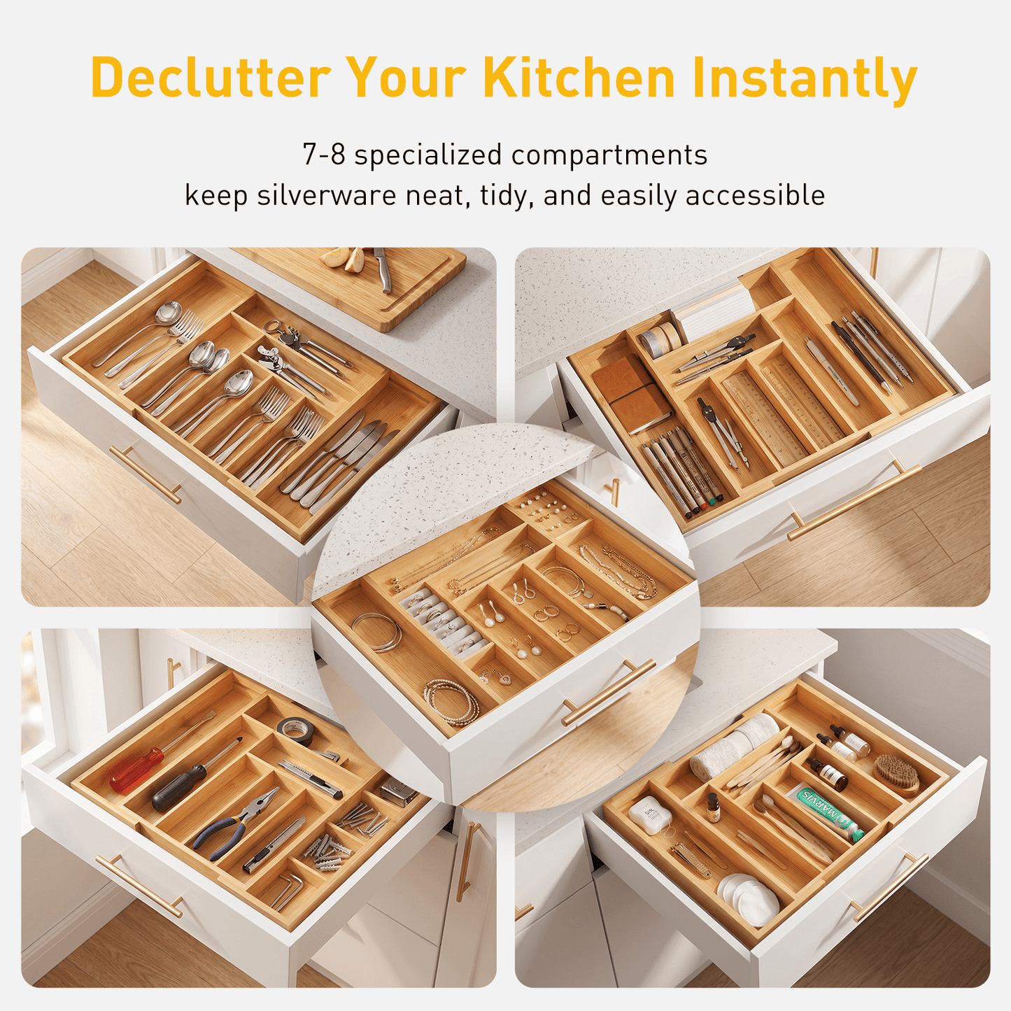 CHITOOMA Wood Bamboo Kitchen Drawer Organizer,Expandable Silverware Holder,Adjustable Kitchen Utensil Tray,for Forks, Spoons and Knives,8 Slots,Large