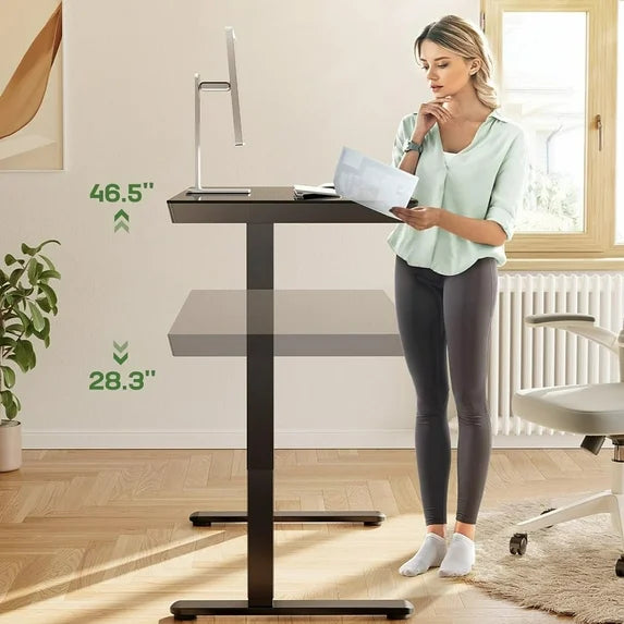 CHITOOMA 55" x 28" One Piece Black Glass Top Standing Desk with Drawer, Electric Height Adjustable Office Desk with USB Charging Ports, Sit to Stand Desk for Home