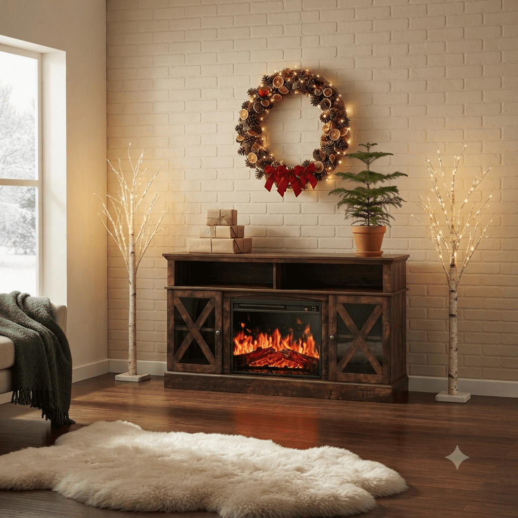 Electric Fireplace TV Stand for 75 inch TVs Farmhouse TV Console with 23″ Fireplace, Vintage Brown