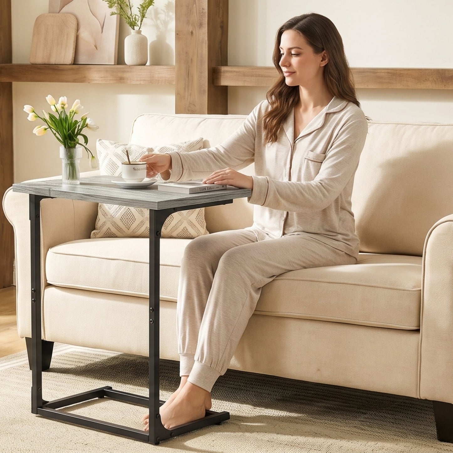 C Shaped Couch End Table Tray Table, Side Table for Sofa,with Widened tabletop for Bedroom, Living Room, 27"(H) x 21.1"(W) x 11.4"(D), Grey
