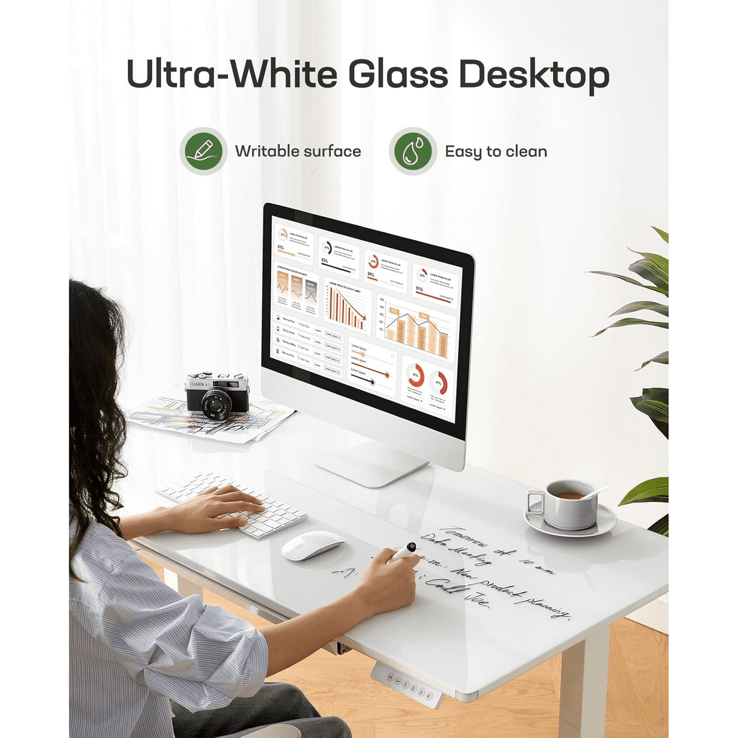 CHITOOMA Glass Electric Standing Desk with Drawer, 55 x 28 Inches Height-Adjustable Desk, One-Piece Tempered Glass Top, Ergonomic Home Office Sit Stand Desk with 4 Preset Heights, White