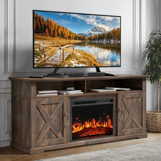 Electric Fireplace TV Stand for TVs up to 75", Farmhouse Entertainment Center with Fireplace, Vintage Brown