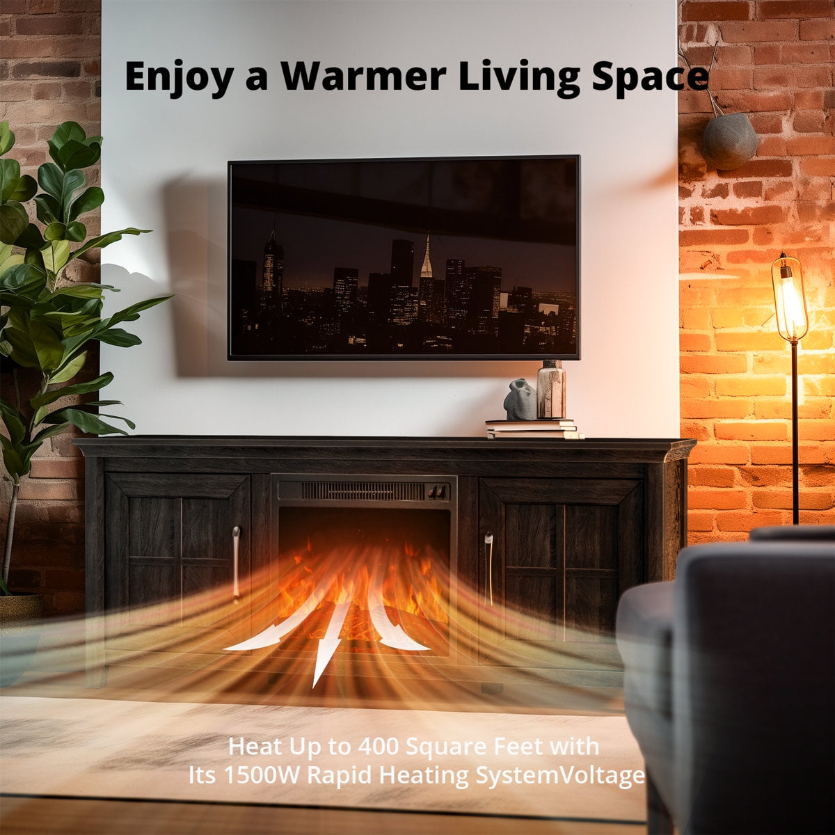CHITOOMA Fireplace TV Stand with 2 Barn Doors and Storage Cabinets for TV up to 75 inch, Entertainment Center Console Table, Media Furniture for Living Room, Black