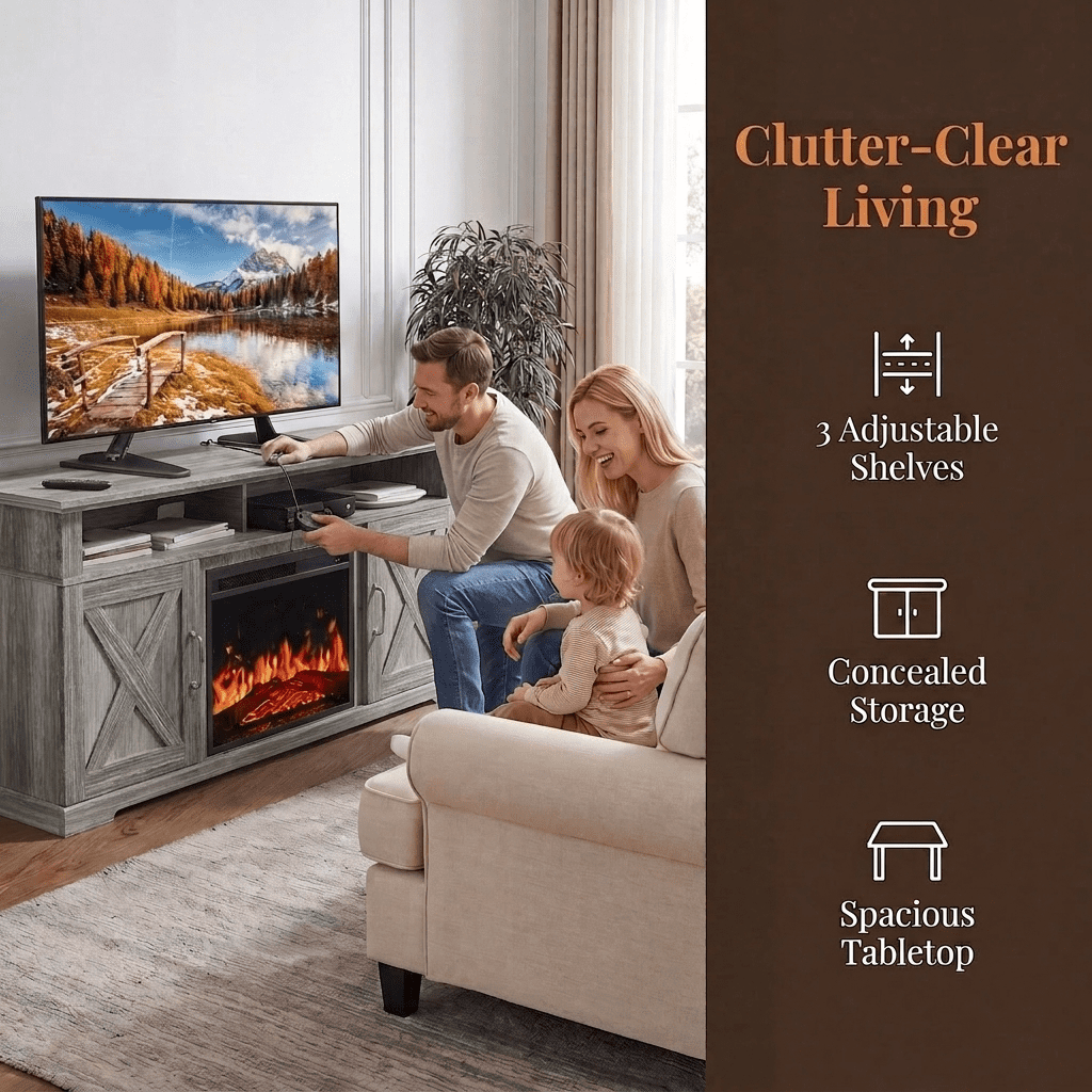 Electric Fireplace TV Stand for TVs up to 75", Farmhouse Entertainment Center with Fireplace, Grey