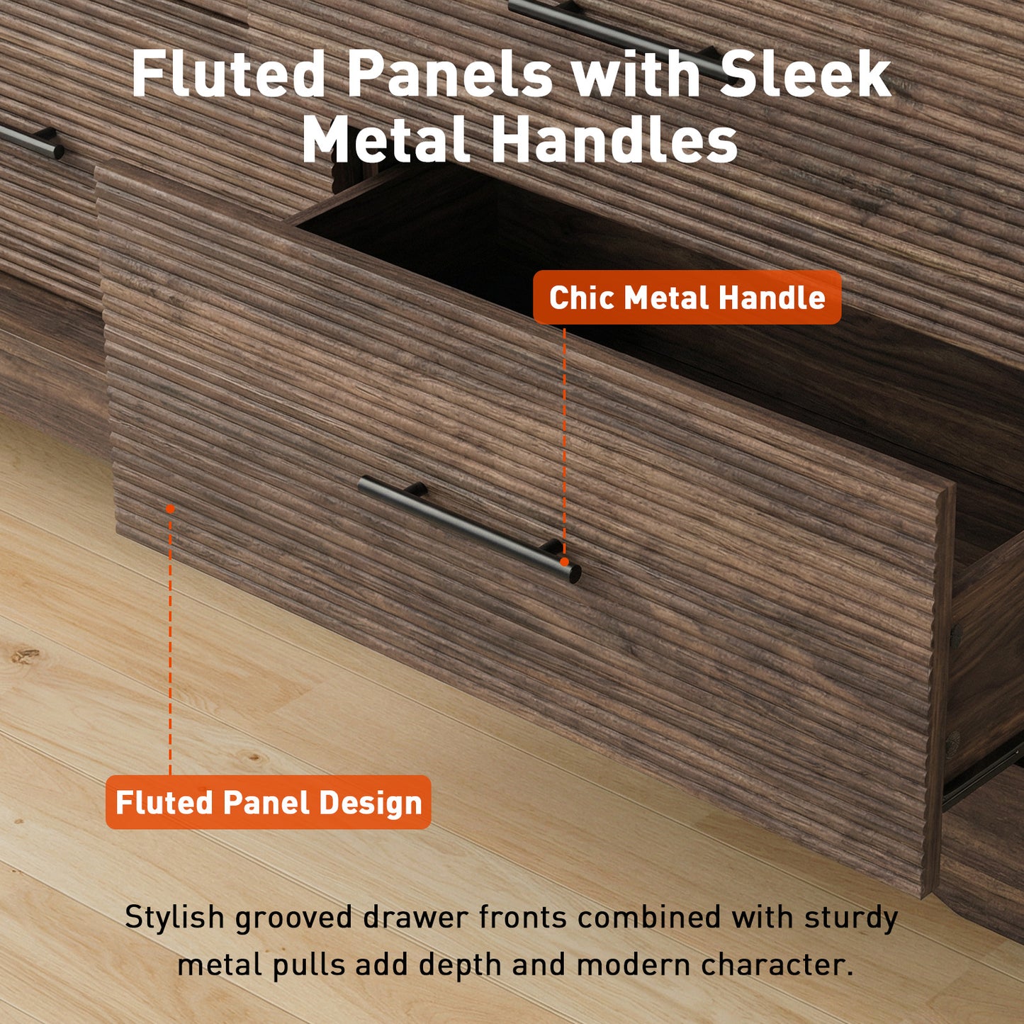 CHITOOMA 6 Drawer Fluted Dresser for Bedroom, Modern Wooden Long Dresser, Storage Cabine Chest of Drawers for Living Room Hallway, Walnut