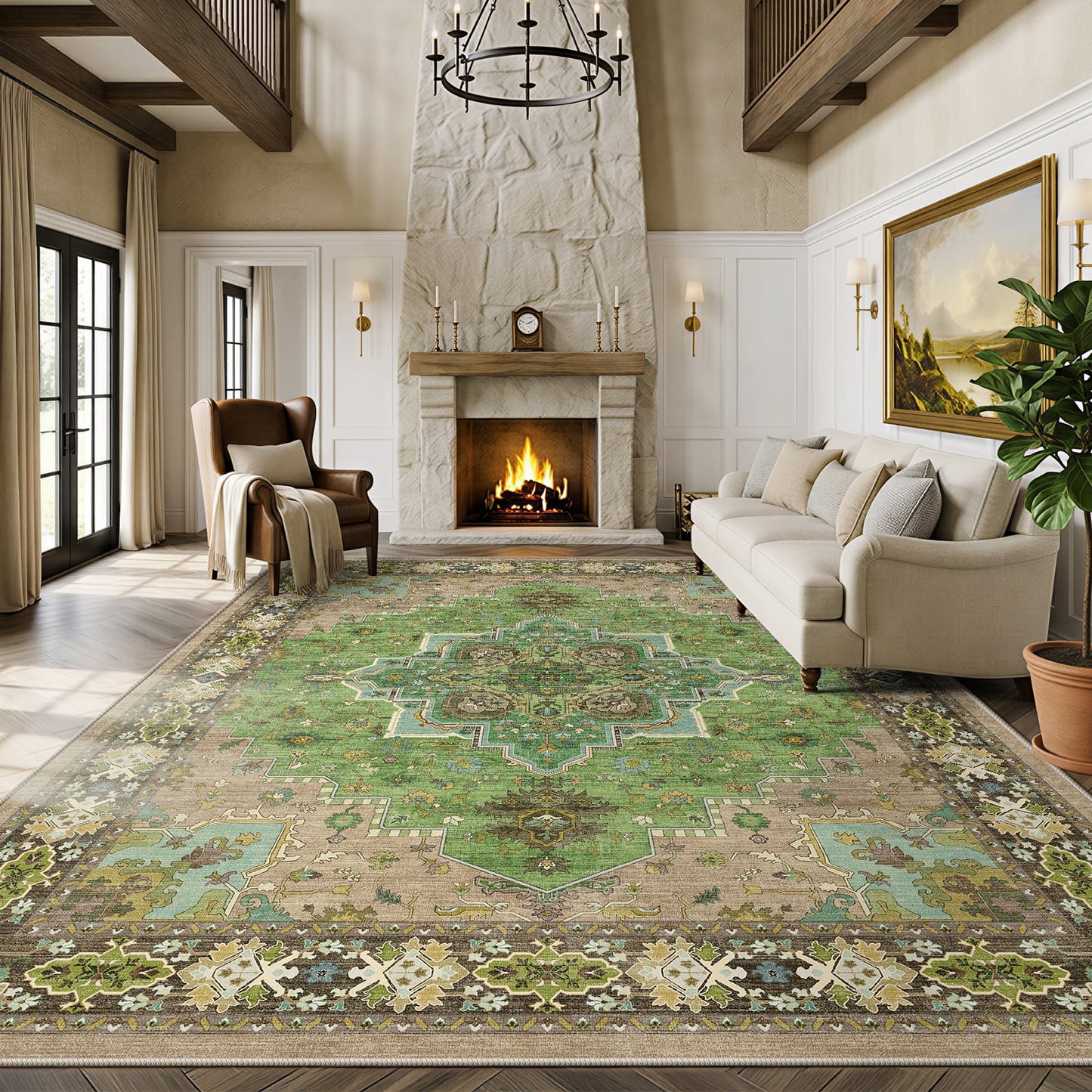 CHITOOMA 8'x10' Boho Area Rugs for Living Room, Machine Washable Stain Resistant Non-Shed Carpet, Area Rug with Non-Slip Backing for Bedroom, Dining Room, Dorm, Office