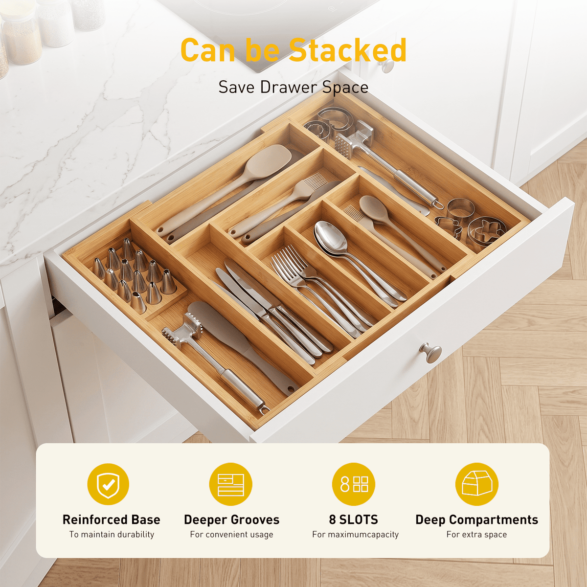 CHITOOMA Wood Bamboo Kitchen Drawer Organizer,Expandable Silverware Holder,Adjustable Kitchen Utensil Tray,for Forks, Spoons and Knives,8 Slots,Medium