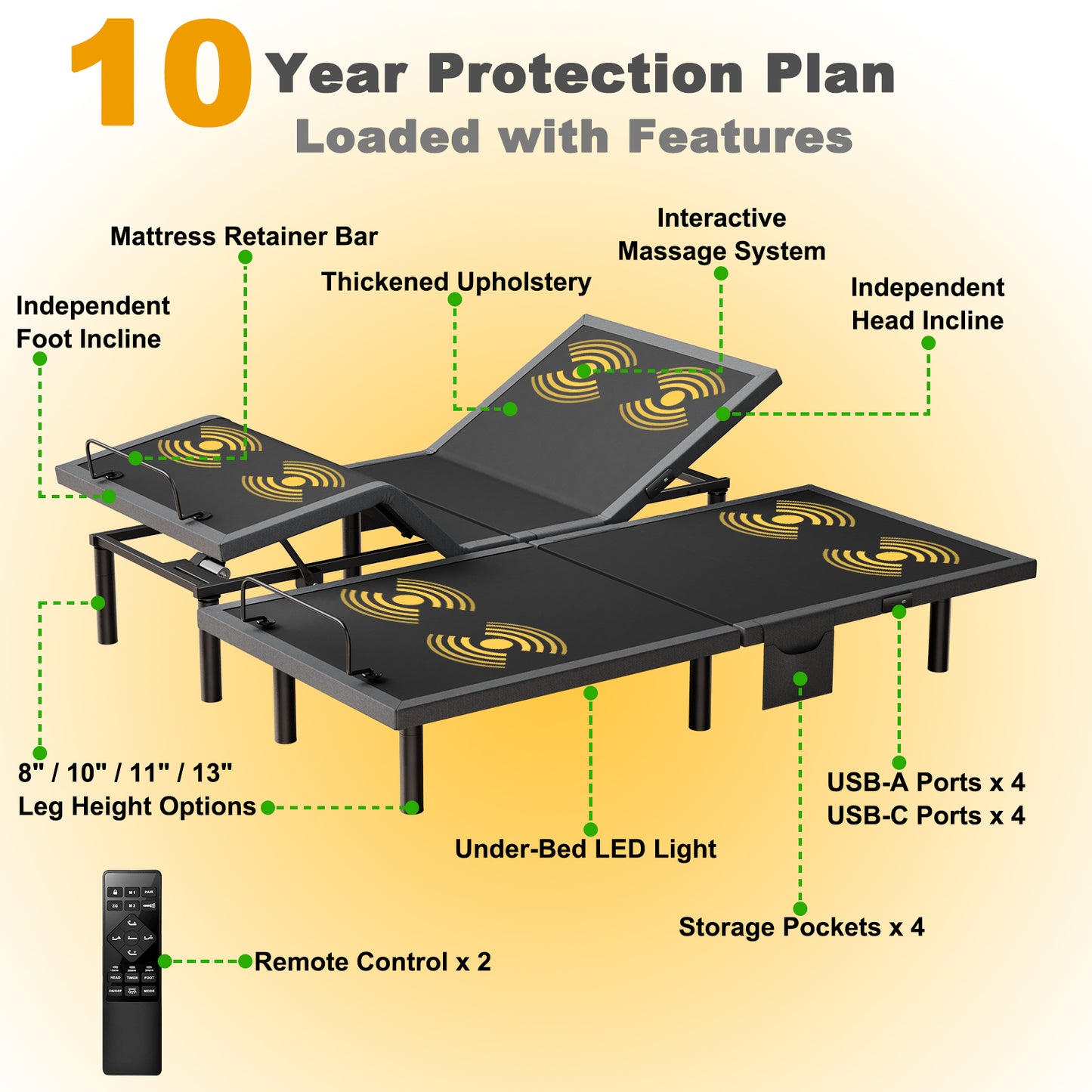 CHITOOMA Electric Adjustable Bed Frame Split King with Massage (4 Modes & 3 Intensities), Wireless Remote, Zero Gravity, 4 Height Options, Under-Bed Nightlight, 3 Minutes Fast Assembly