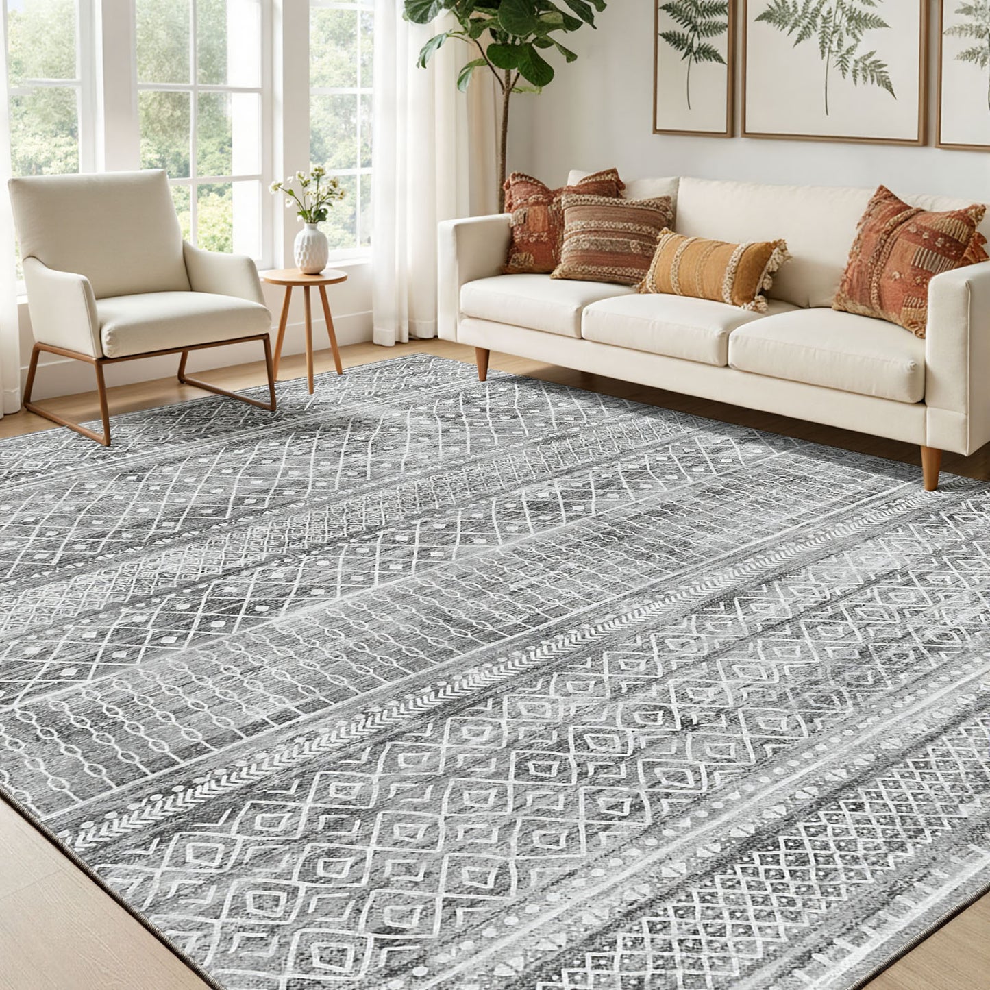 CHITOOMA 8'x10' Area Rugs for Living Room, Washable Rugs Boho Soft Geometric Bohemian Carpet Indoor Rug for Bedroom Dining Room Office Nonslip Foldable Rug