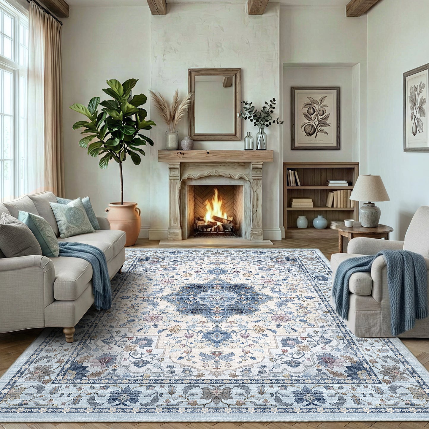 CHITOOMA 9'x12' Area Rugs for Living Room, Boho Machine Washable Stain Resistant Non-Shed Carpet, Floral Area Rug with Non-Slip Backing for Bedroom, Dining Room, Dorm, Office