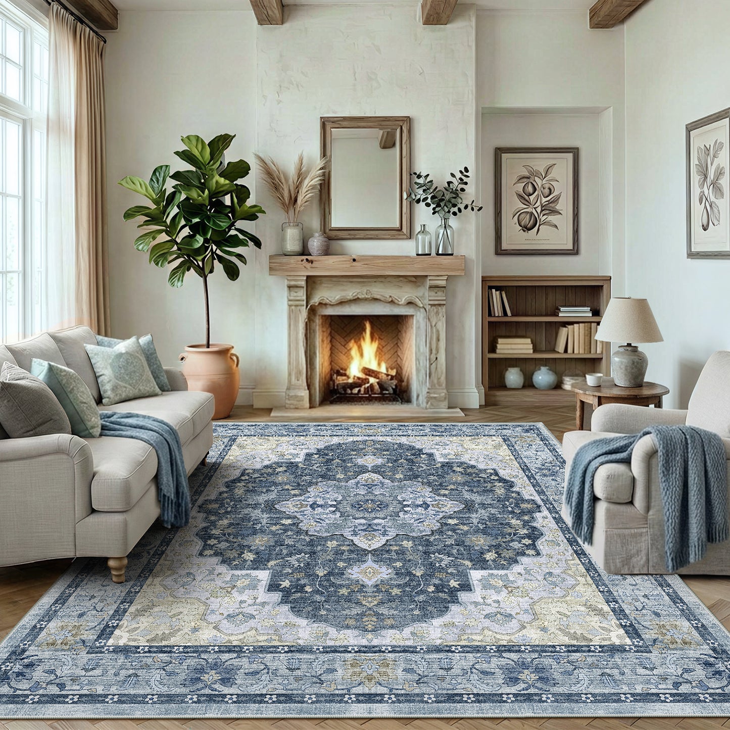 CHITOOMA 9'x12' Area Rugs for Living Room, Boho Machine Washable Stain Resistant Non-Shed Carpet, Floral Area Rug with Non-Slip Backing for Bedroom, Dining Room, Dorm, Office