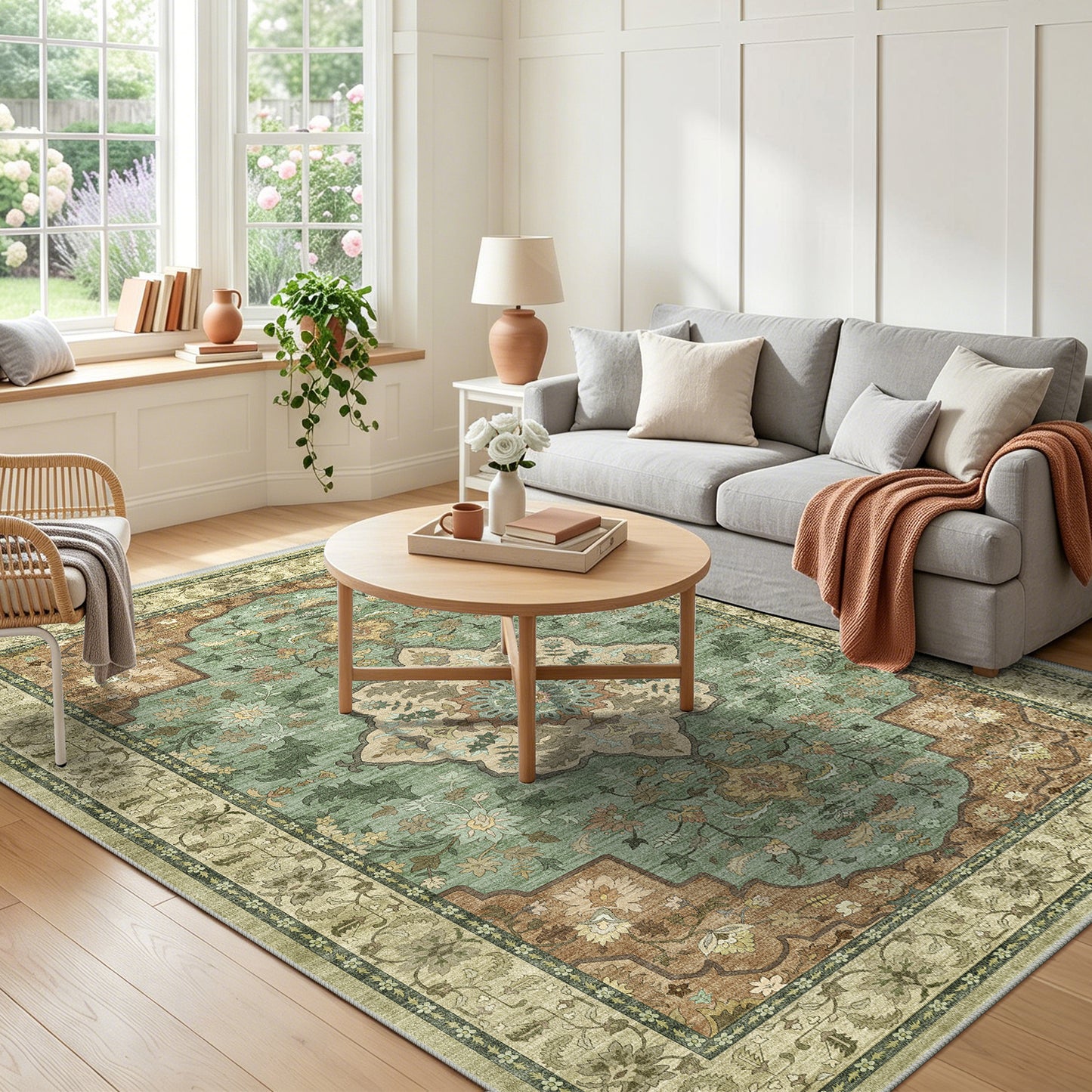CHITOOMA 8'x10' Area Rugs for Living Room, Boho Machine Washable Floral Area Rug with Non-Slip Backing, Stain Resistant Non-Shed Carpet for Bedroom, Dining Room, Dorm, Office