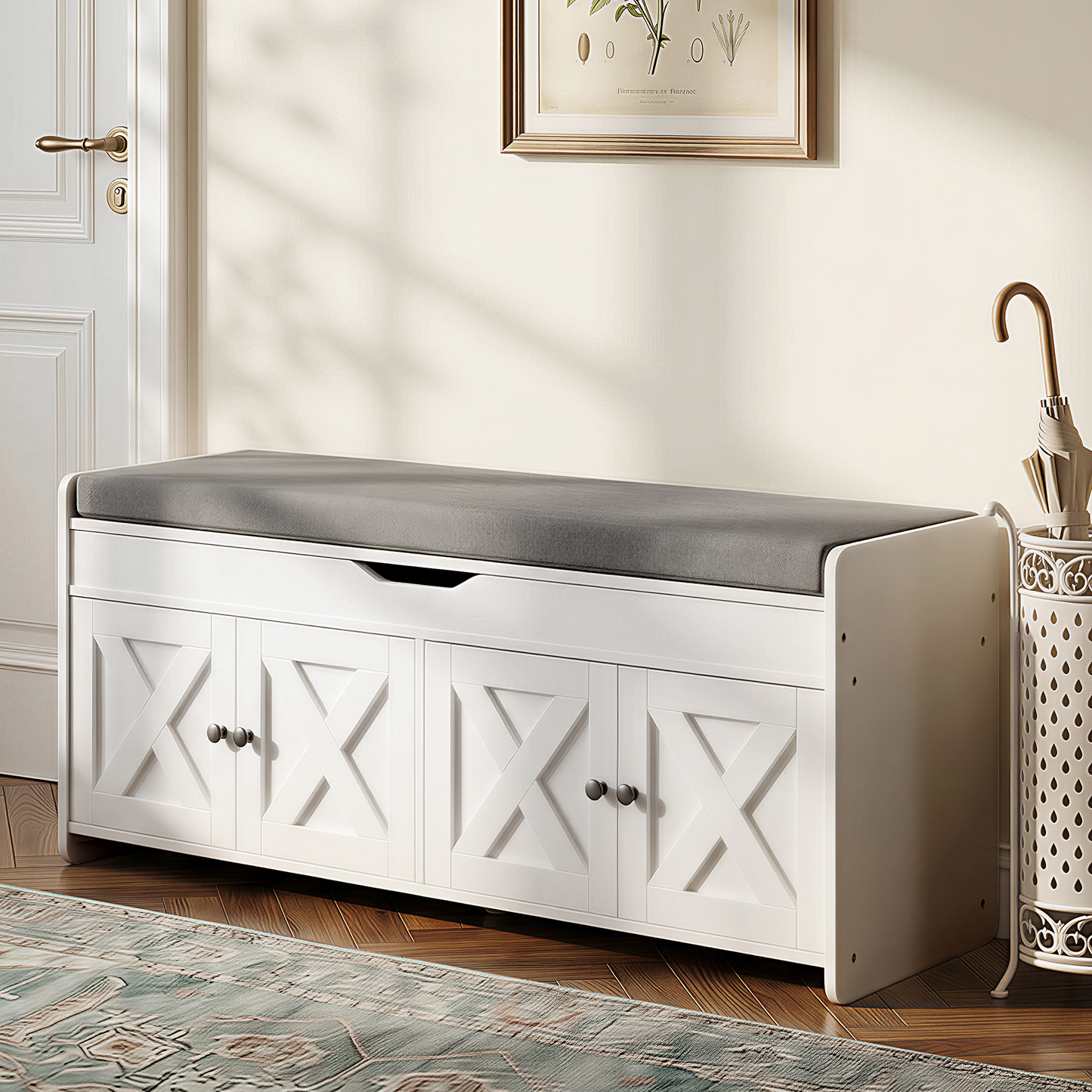 CHITOOMA Shoe Storage Bench, 2-Tier with Cushioned Seat, Adjustable Shelves, 300 lbs Capacity, 47.2" x 15" x 18", White