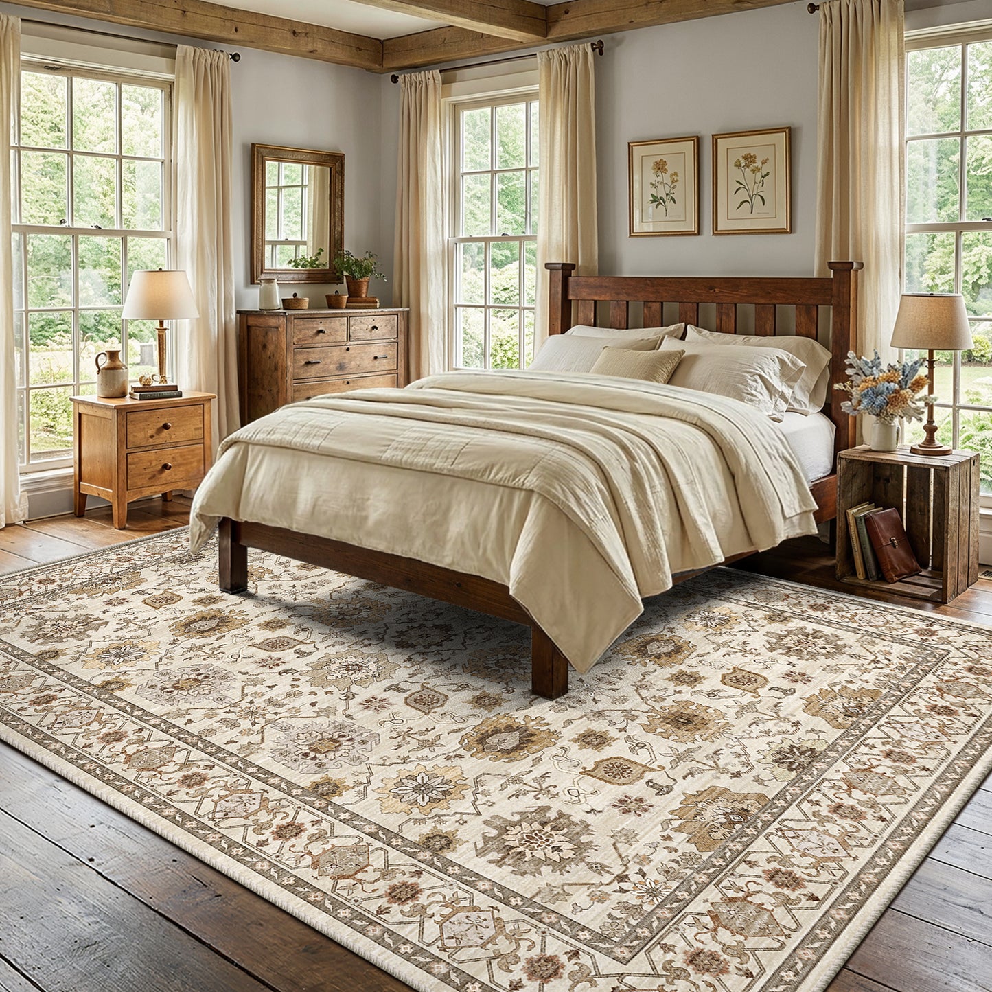 CHITOOMA 9'x12' Area Rugs for Living Room, Boho Machine Washable Stain Resistant Non-Shed Carpet, Floral Area Rug with Non-Slip Backing for Bedroom, Dining Room, Dorm, Office