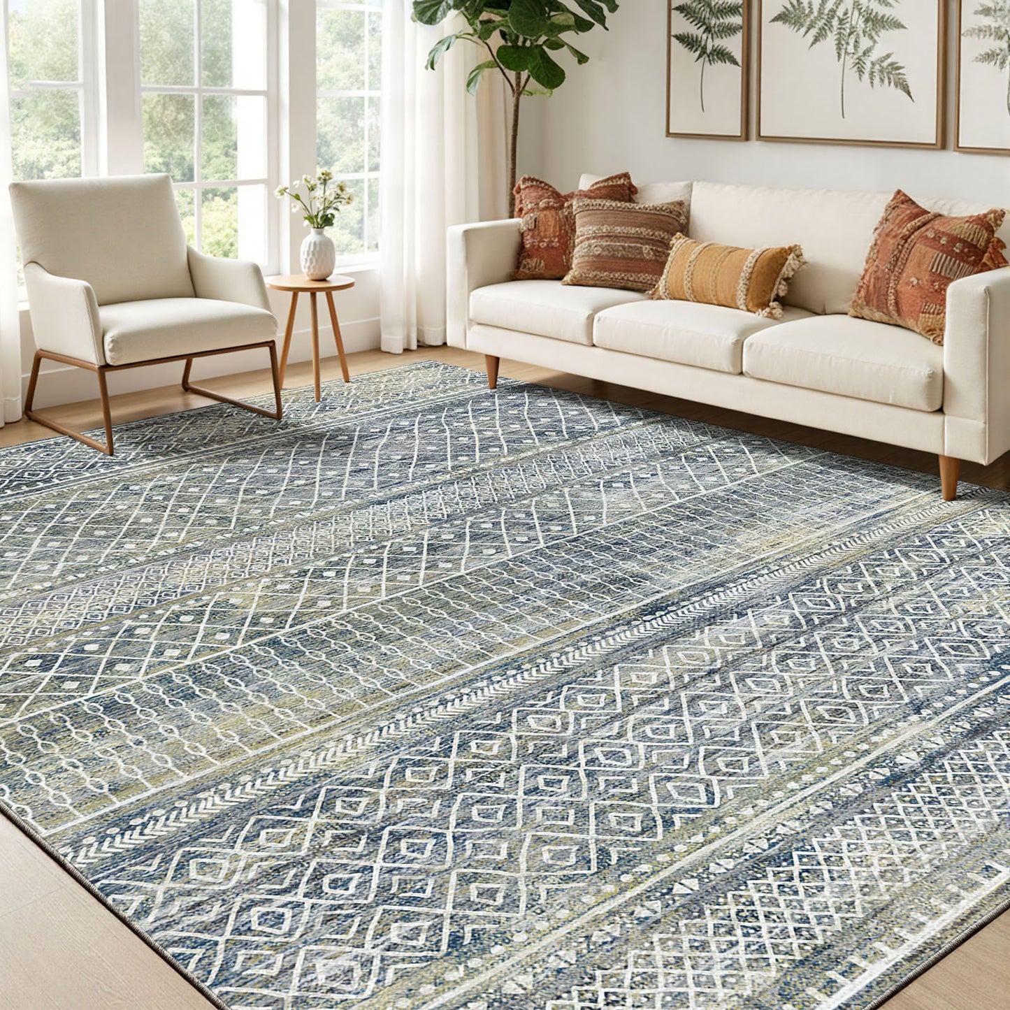 CHITOOMA 8'x10' Area Rugs for Living Room, Washable Rugs Boho Soft Geometric Bohemian Carpet Indoor Rug for Bedroom Dining Room Office Nonslip Foldable Rug