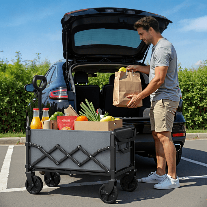 CHITOOMA Collapsible Wagon Cart with Expandable Storage & Locking Front Wheels,360LBS Portable Foldable Wagon for Beach, Camping, Shopping