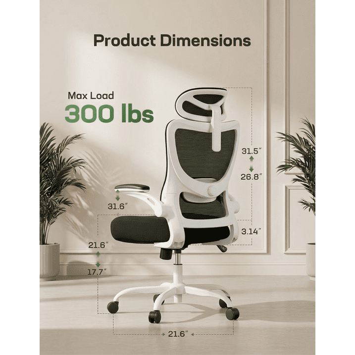 BESTERGO High Back Ergonomic Office Chair with Adjustable Lumbar Support, 2D Headrest, 3D Armrests, Mesh Swivel Desk Chair with Wheels, 300 lbs Capacity
