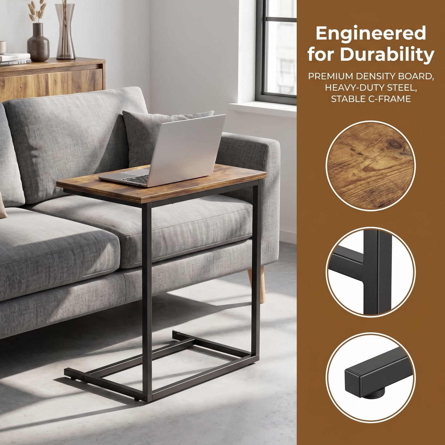 C Shaped End Table 2pcs, Side Table for Sofa,Modern C-Table for Livingroom,Bedroom,Brown